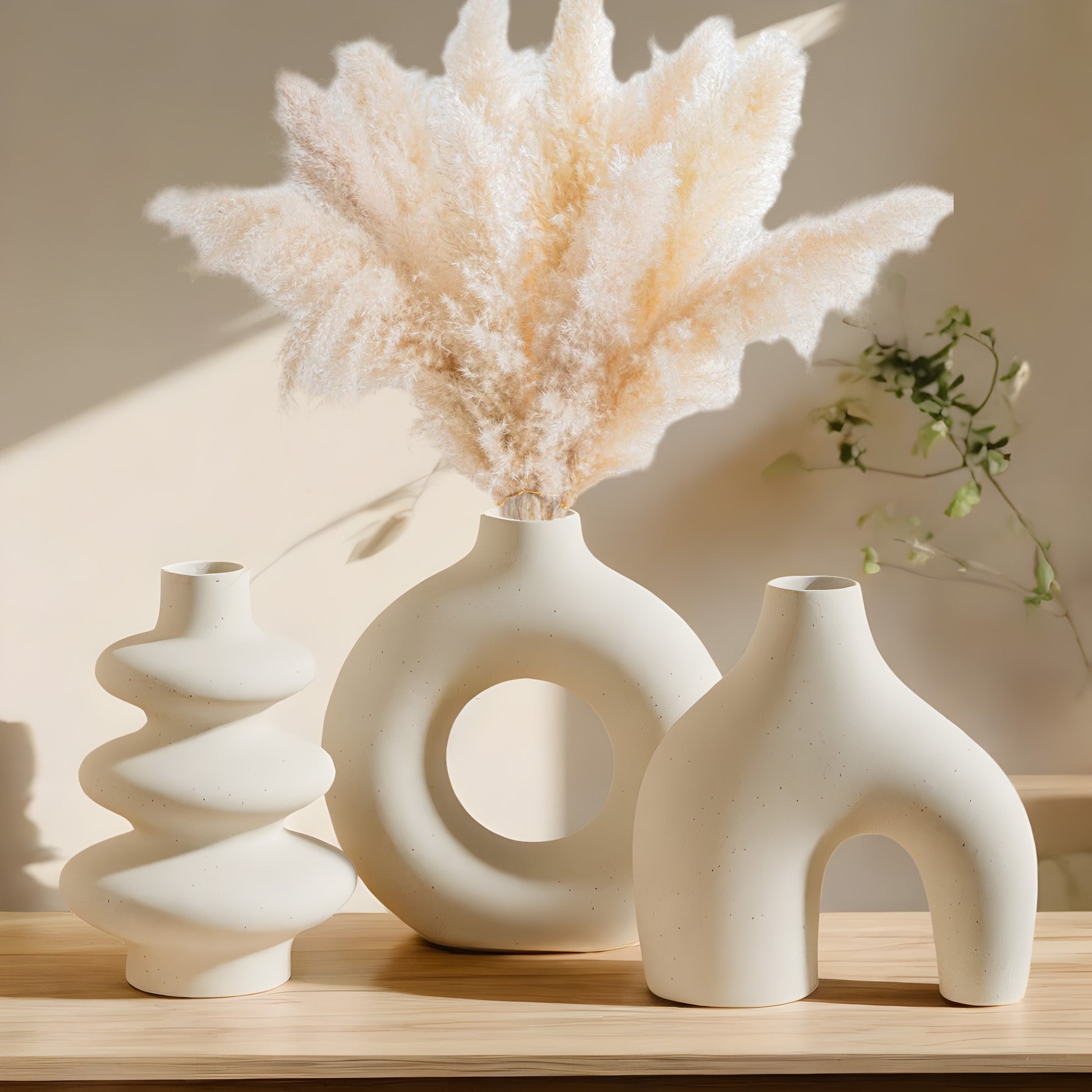 Boho White Ceramic Vase Set 3-Piece Geometric Round for Home Decor Weddings Pampas Grass