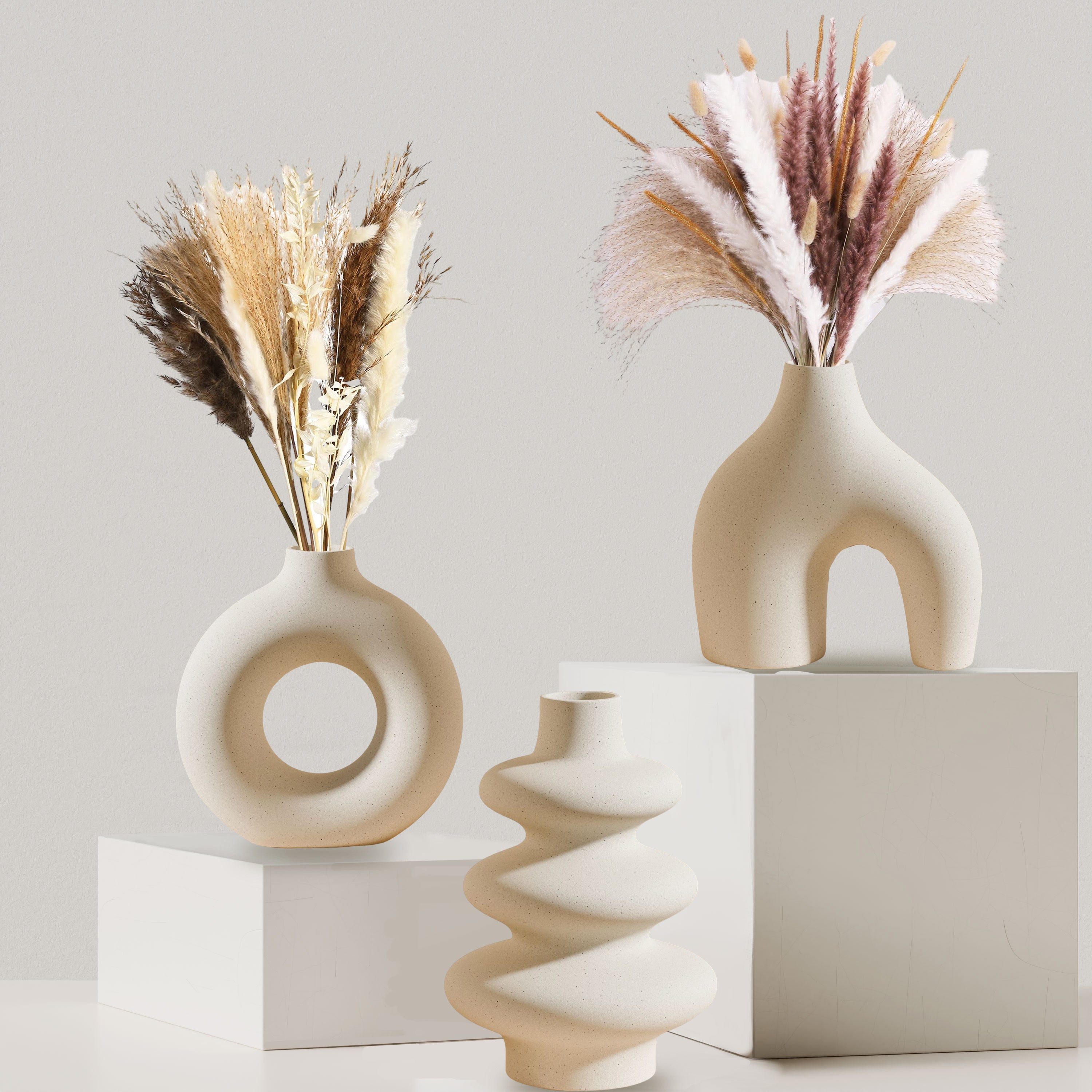 Boho White Ceramic Vase Set 3-Piece Geometric Round for Home Decor Weddings Pampas Grass