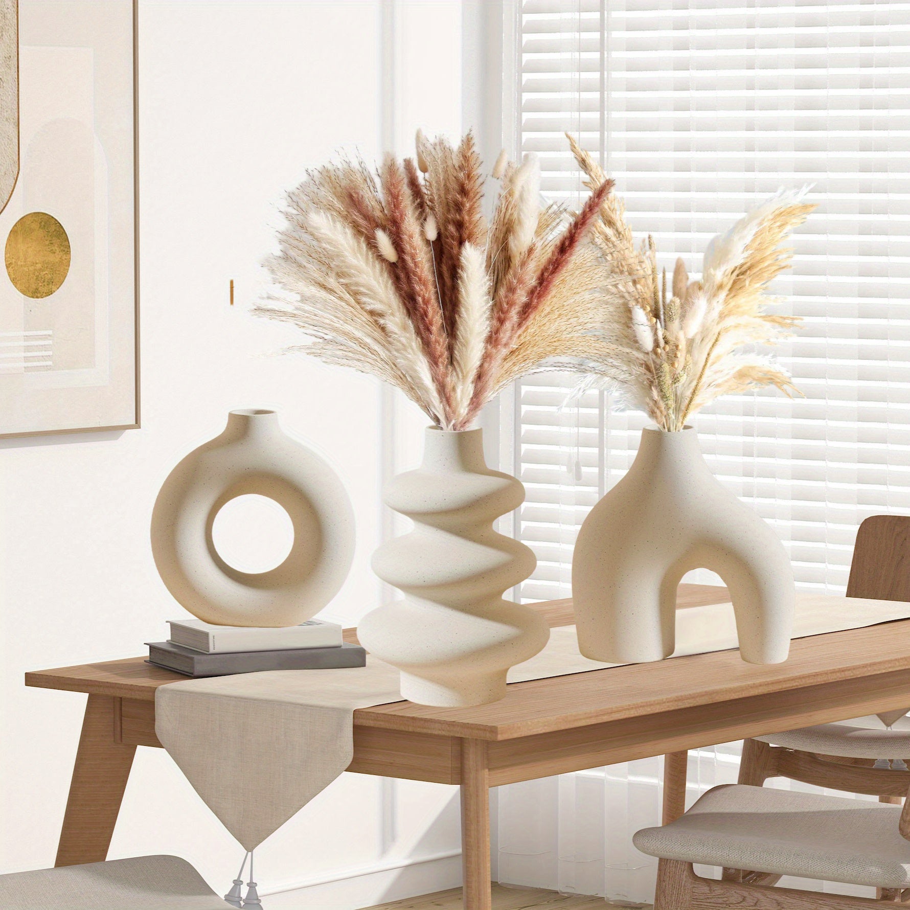 Boho White Ceramic Vase Set 3-Piece Geometric Round for Home Decor Weddings Pampas Grass