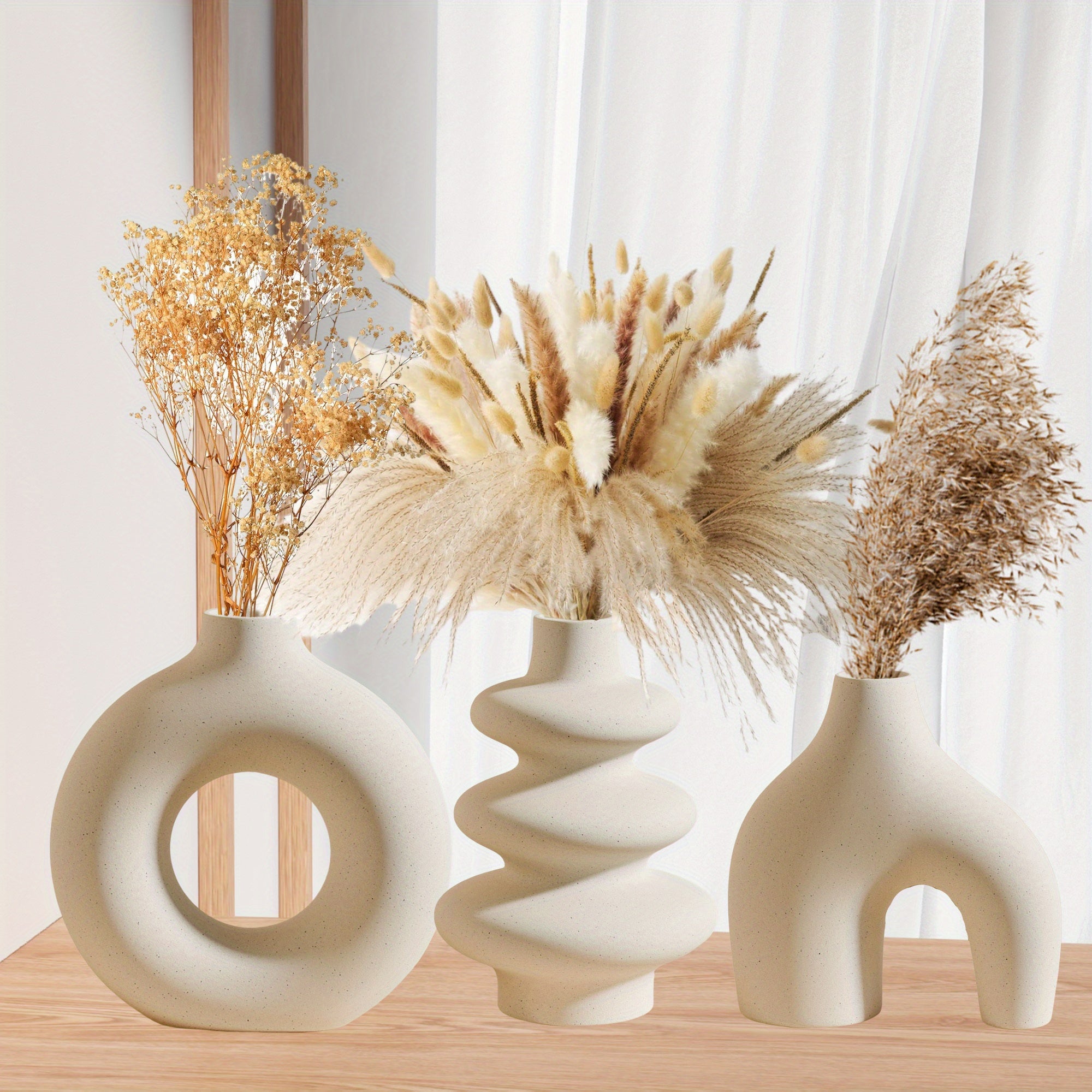 Boho White Ceramic Vase Set 3-Piece Geometric Round for Home Decor Weddings Pampas Grass