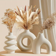 Boho White Ceramic Vase Set 3-Piece Geometric Round for Home Decor Weddings Pampas Grass