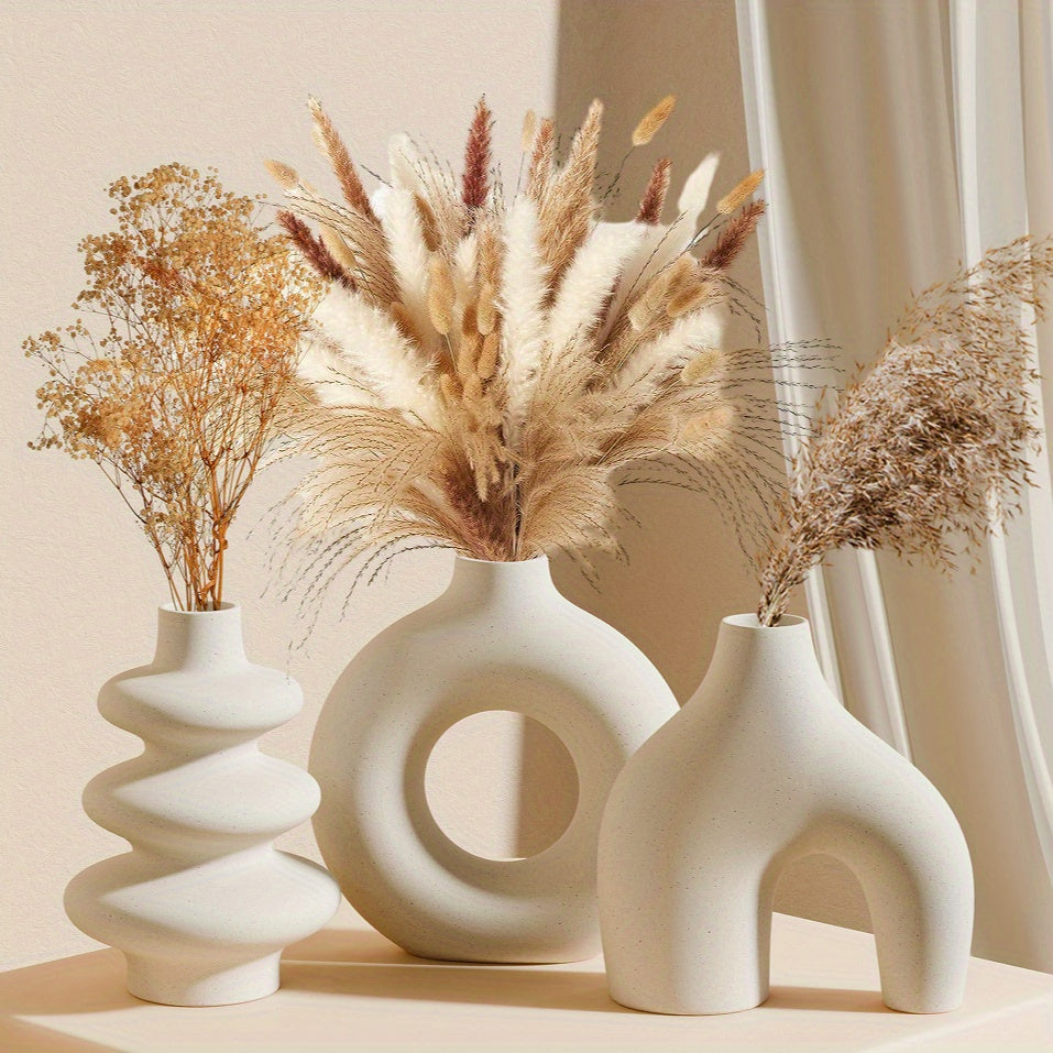 Boho White Ceramic Vase Set 3-Piece Geometric Round for Home Decor Weddings Pampas Grass