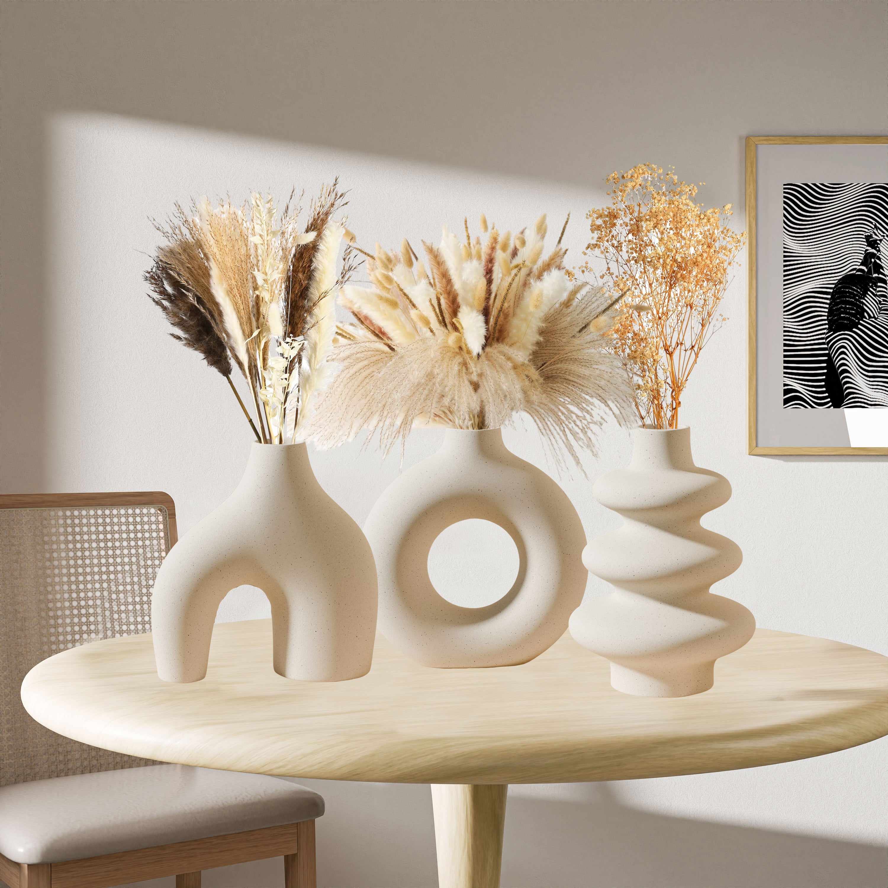 Boho White Ceramic Vase Set 3-Piece Geometric Round for Home Decor Weddings Pampas Grass