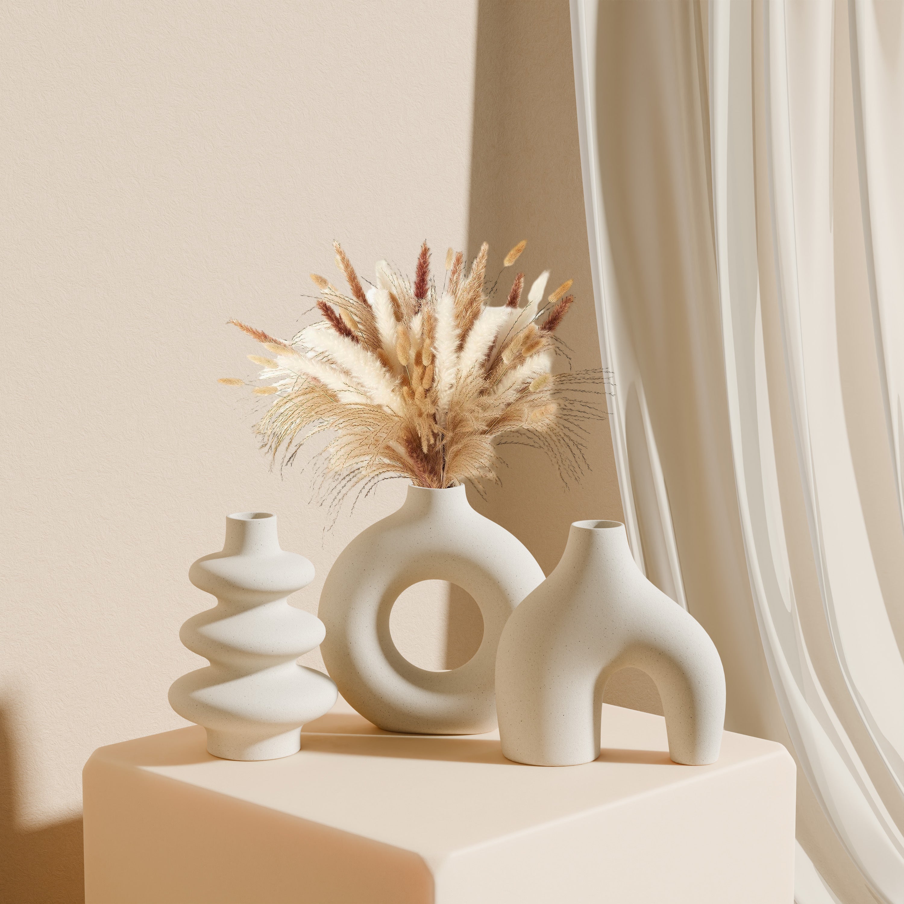 Boho White Ceramic Vase Set 3-Piece Geometric Round for Home Decor Weddings Pampas Grass