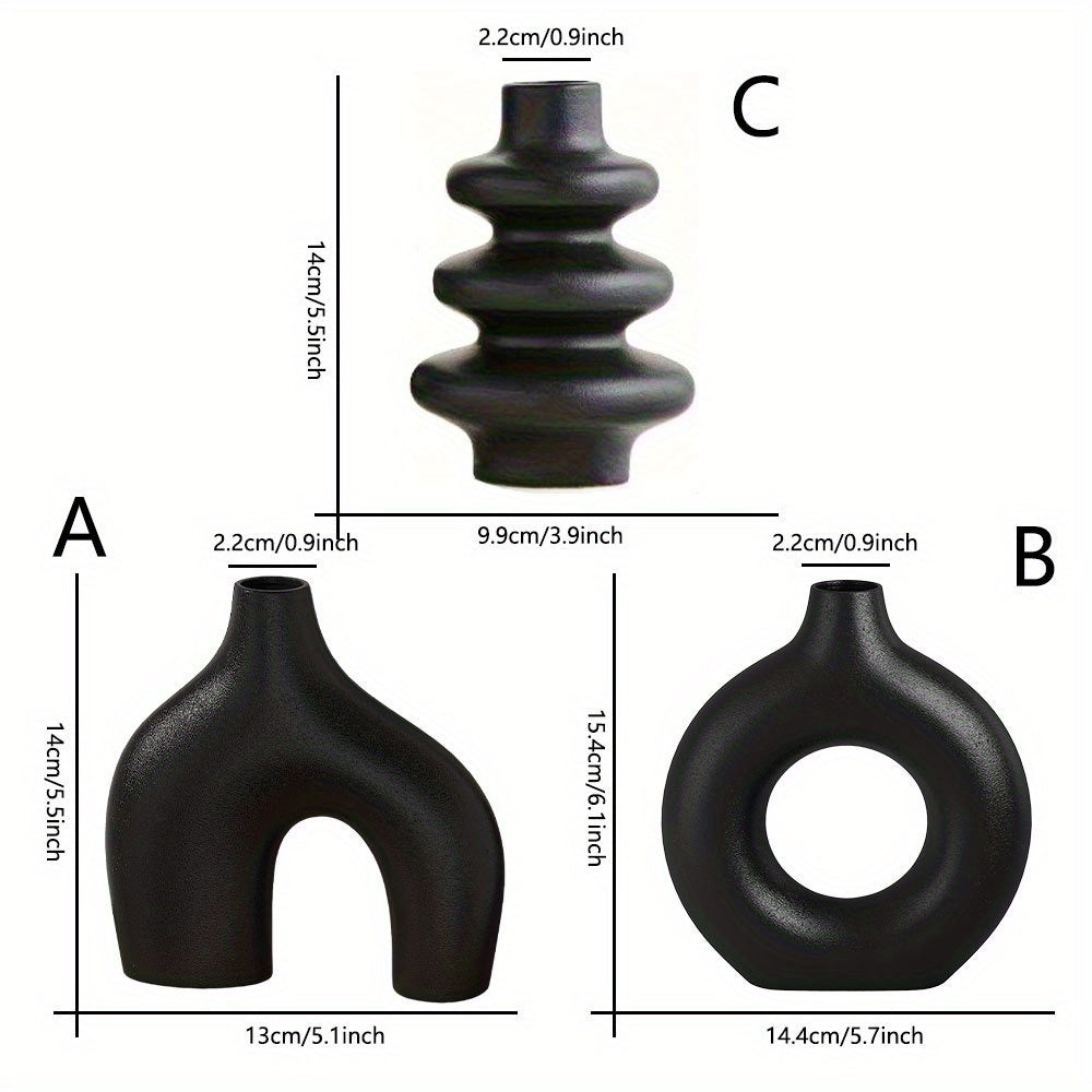 Boho White Ceramic Vase Set 3-Piece Geometric Round for Home Decor Weddings Pampas Grass