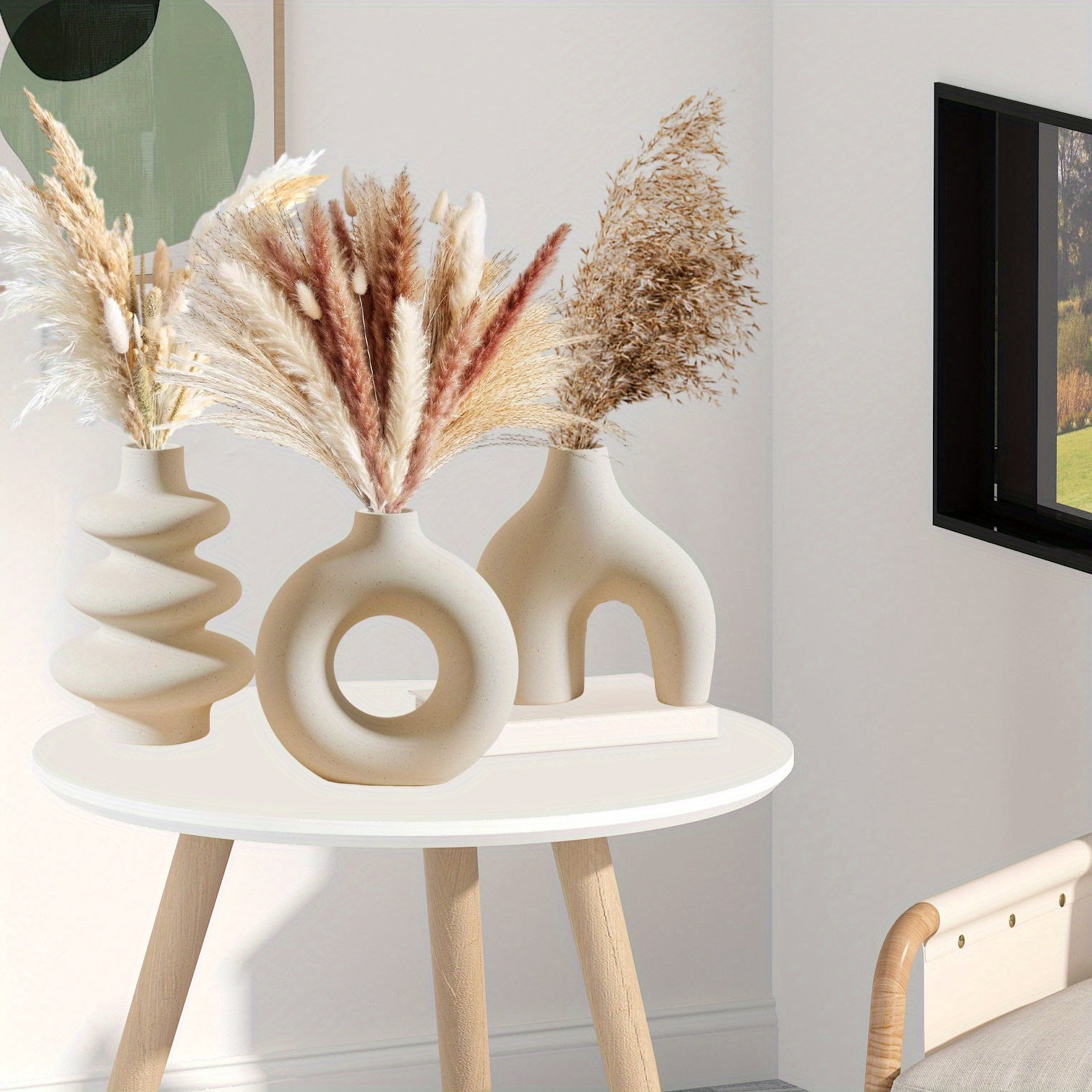 Boho White Ceramic Vase Set 3-Piece Geometric Round for Home Decor Weddings Pampas Grass