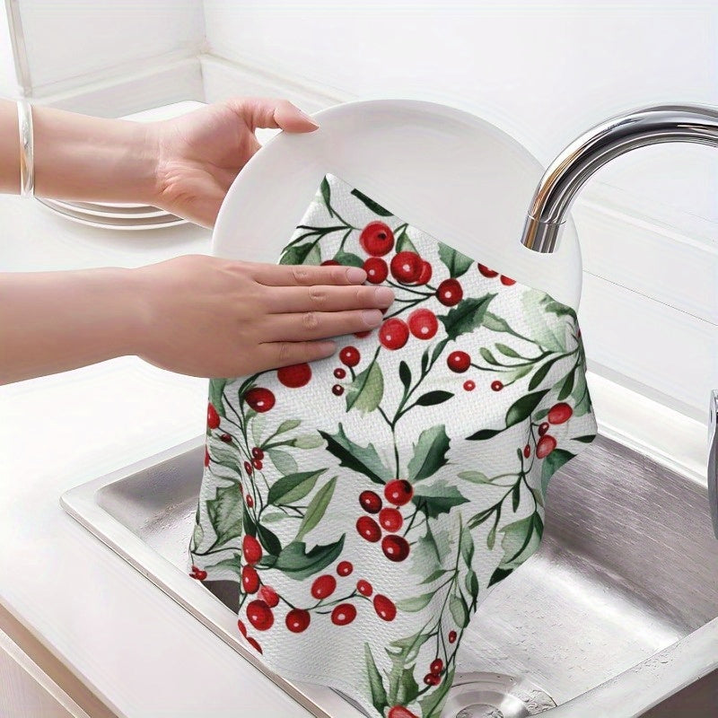 Festive Christmas Kitchen Towels Set Red Berries Green Leaves 45.72x66.04 cm