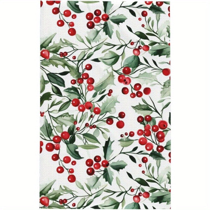 Festive Christmas Kitchen Towels Set Red Berries Green Leaves 45.72x66.04 cm