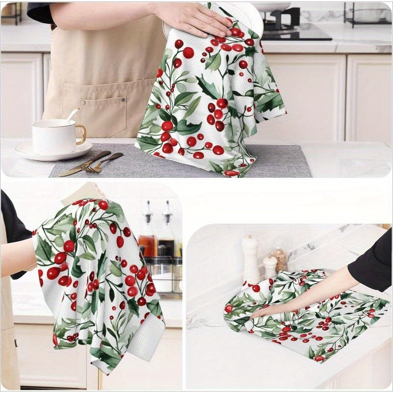 Festive Christmas Kitchen Towels Set Red Berries Green Leaves 45.72x66.04 cm
