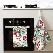 Festive Christmas Kitchen Towels Set Red Berries Green Leaves 45.72x66.04 cm