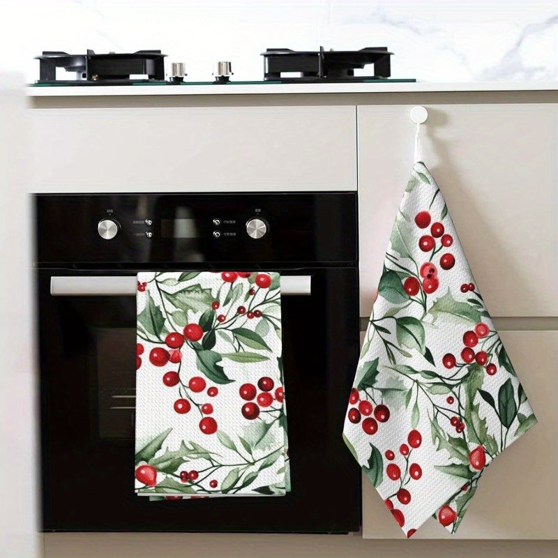 Festive Christmas Kitchen Towels Set Red Berries Green Leaves 45.72x66.04 cm
