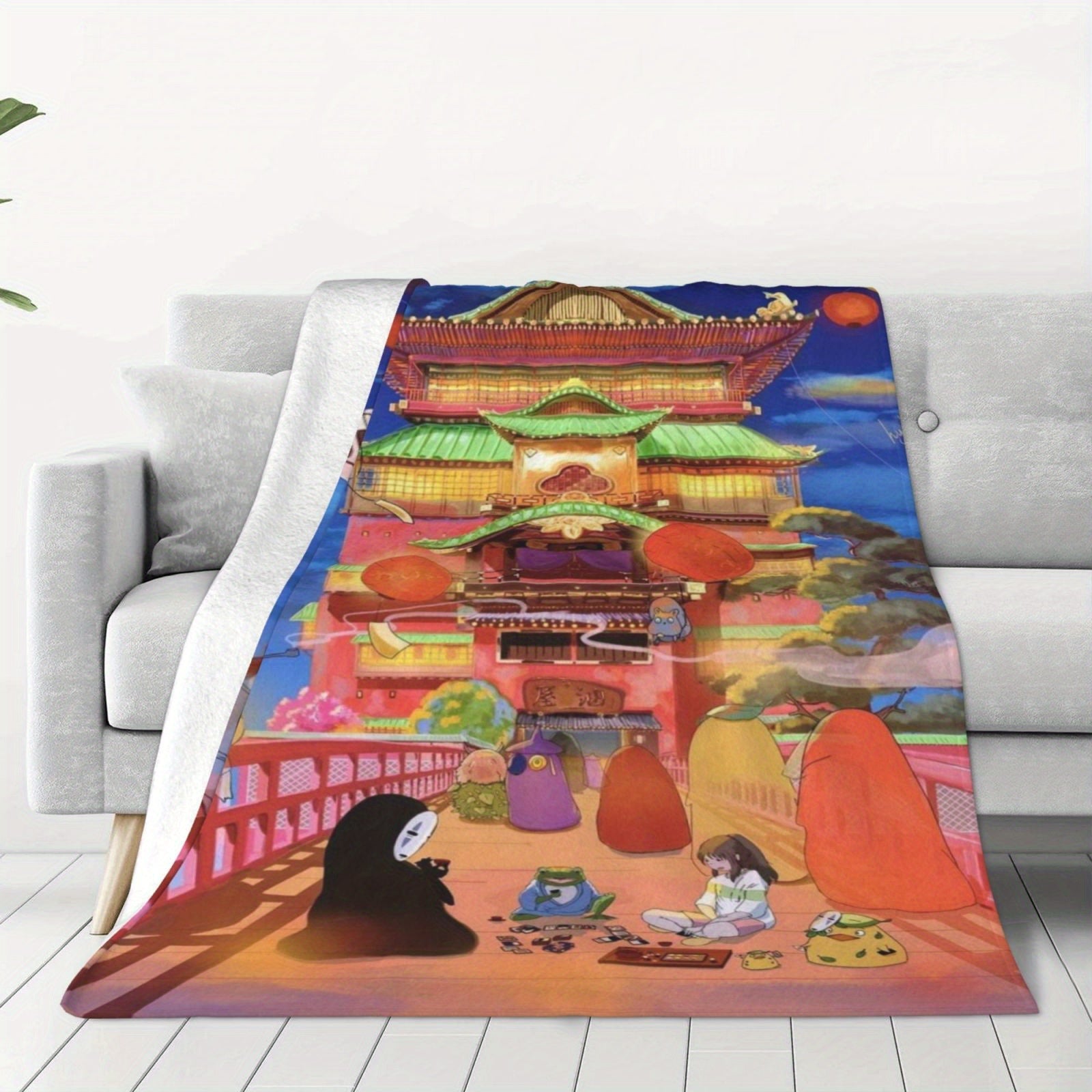 Queen Size Flannel Fleece Throw Blanket with Ghibli-Inspired Digital Print Soft Polyester Lightweight All-Season Bed Sofa Travel