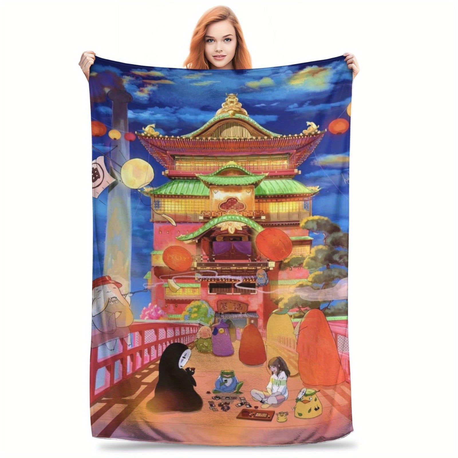 Queen Size Flannel Fleece Throw Blanket with Ghibli-Inspired Digital Print Soft Polyester Lightweight All-Season Bed Sofa Travel