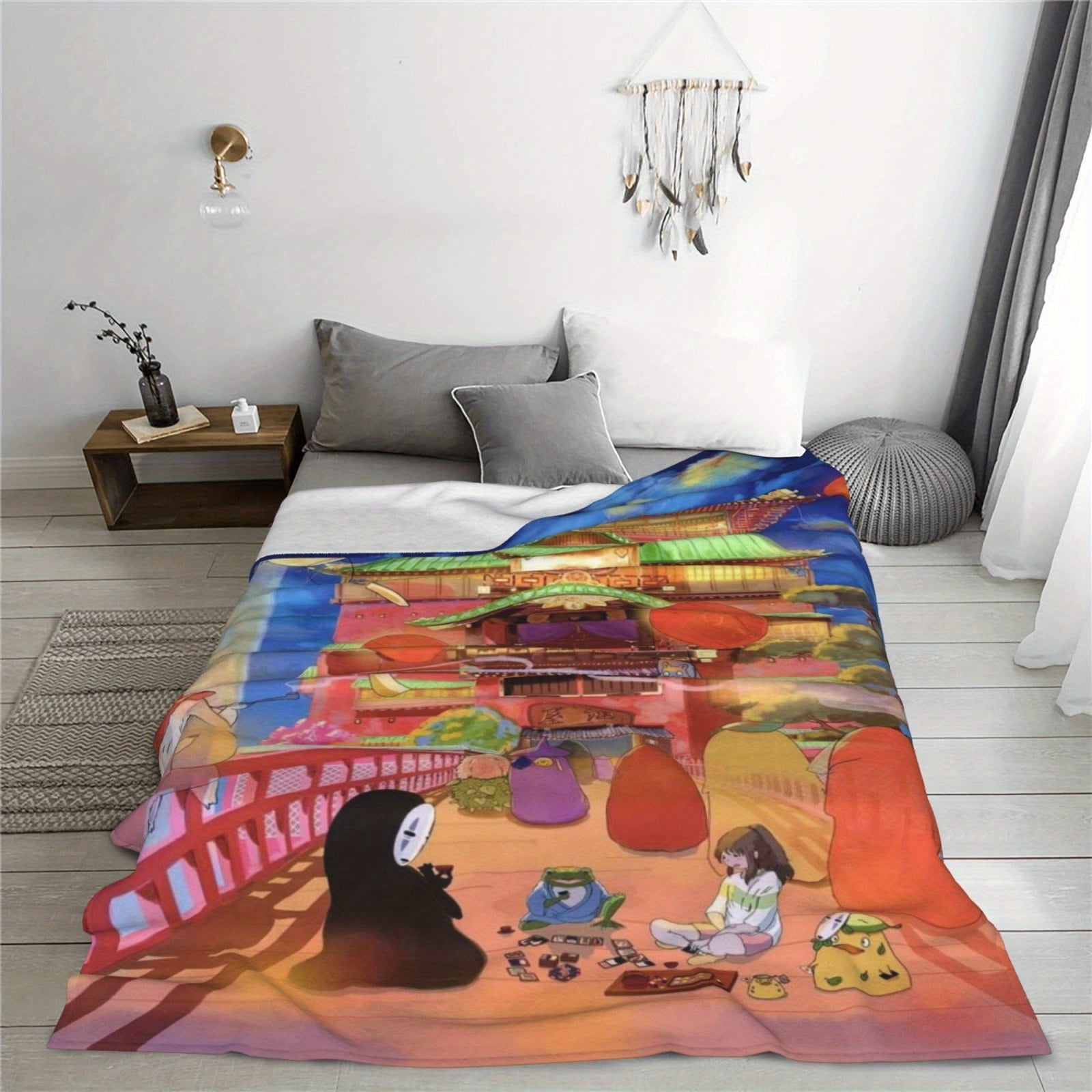 Queen Size Flannel Fleece Throw Blanket with Ghibli-Inspired Digital Print Soft Polyester Lightweight All-Season Bed Sofa Travel