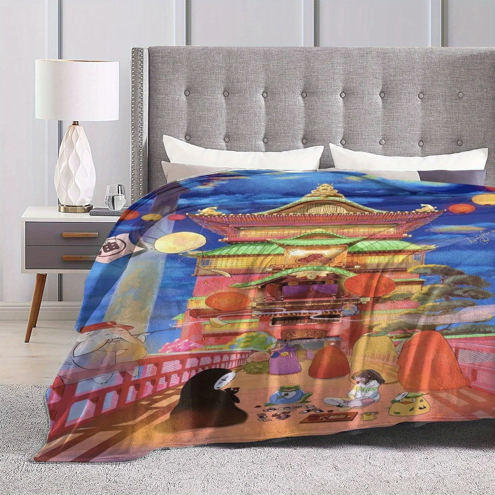 Queen Size Flannel Fleece Throw Blanket with Ghibli-Inspired Digital Print Soft Polyester Lightweight All-Season Bed Sofa Travel