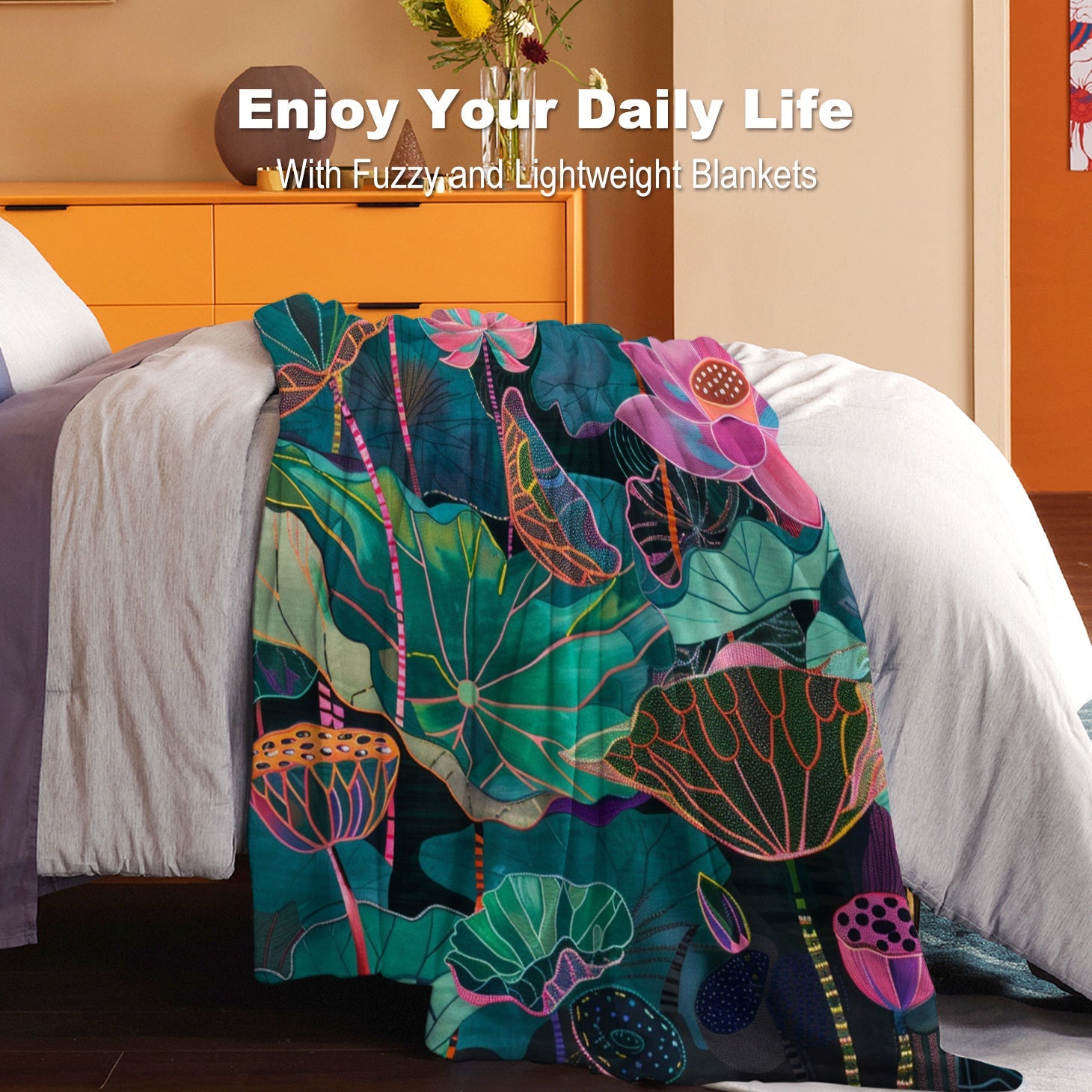 Lightweight Digital Lotus Leaf Print Throw Blanket Polyester Flannel All-Season for Bed Sofa Travel
