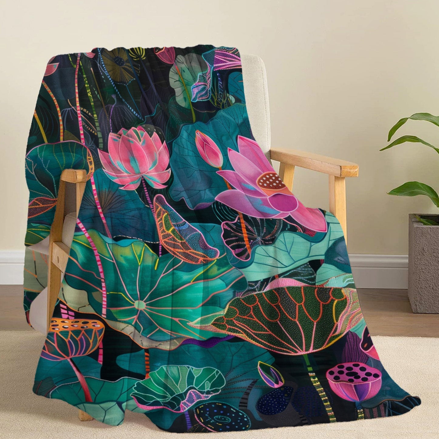 Lightweight Digital Lotus Leaf Print Throw Blanket Polyester Flannel All-Season for Bed Sofa Travel