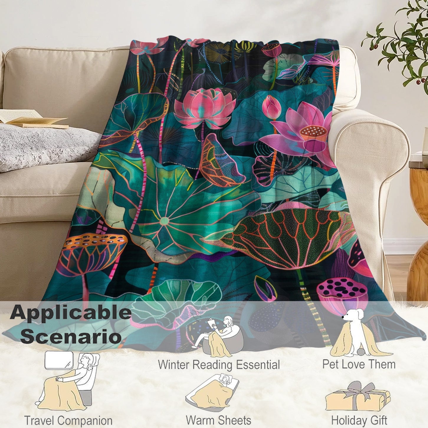 Lightweight Digital Lotus Leaf Print Throw Blanket Polyester Flannel All-Season for Bed Sofa Travel