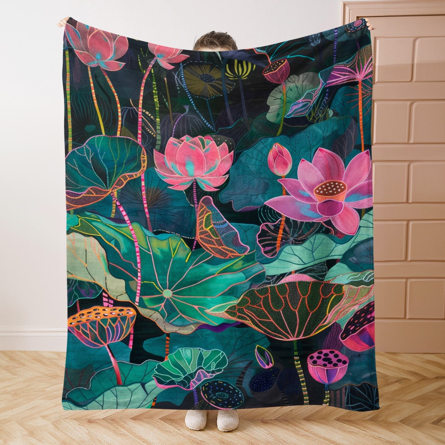 Lightweight Digital Lotus Leaf Print Throw Blanket Polyester Flannel All-Season for Bed Sofa Travel