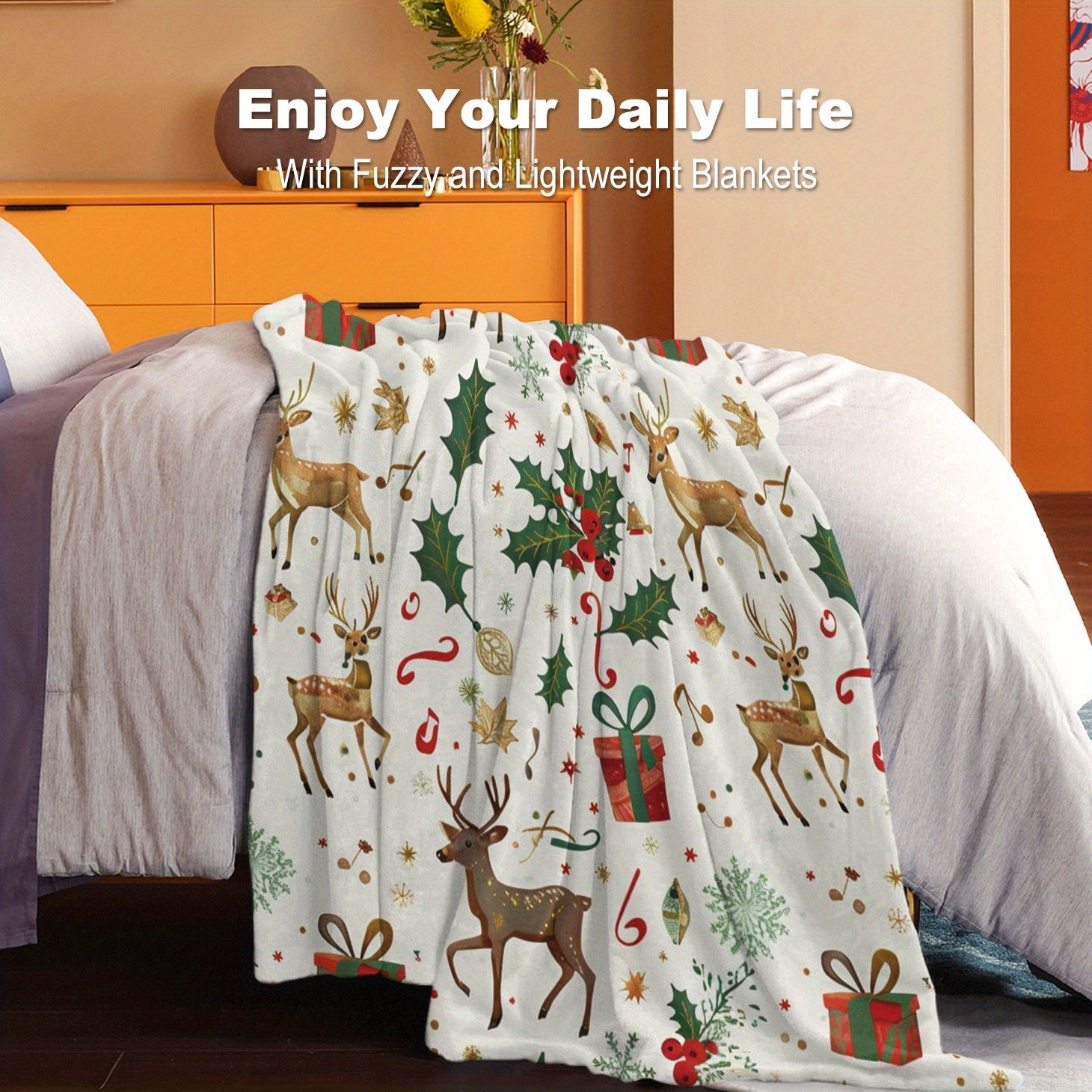 Reindeer Flannel Throw Blanket All-Season Soft Lightweight for Bed Sofa Travel