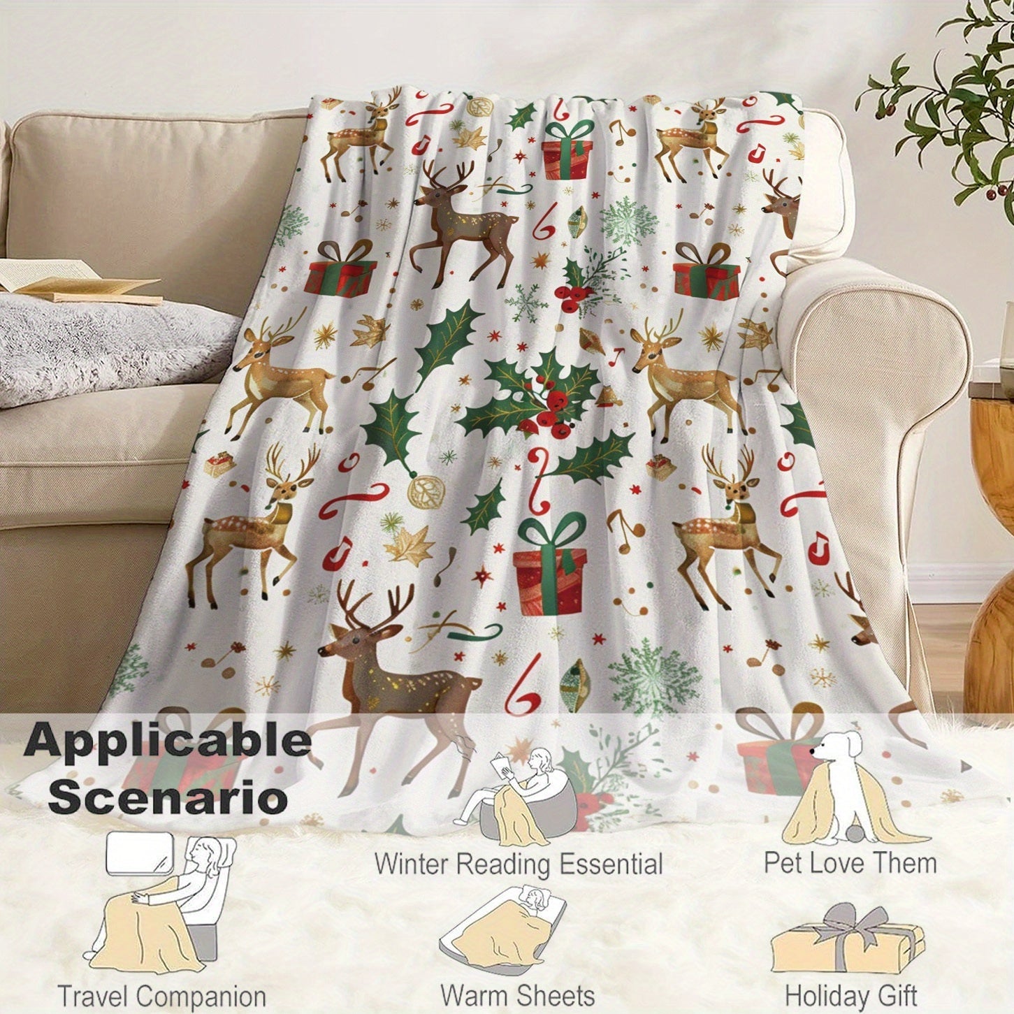 Reindeer Flannel Throw Blanket All-Season Soft Lightweight for Bed Sofa Travel