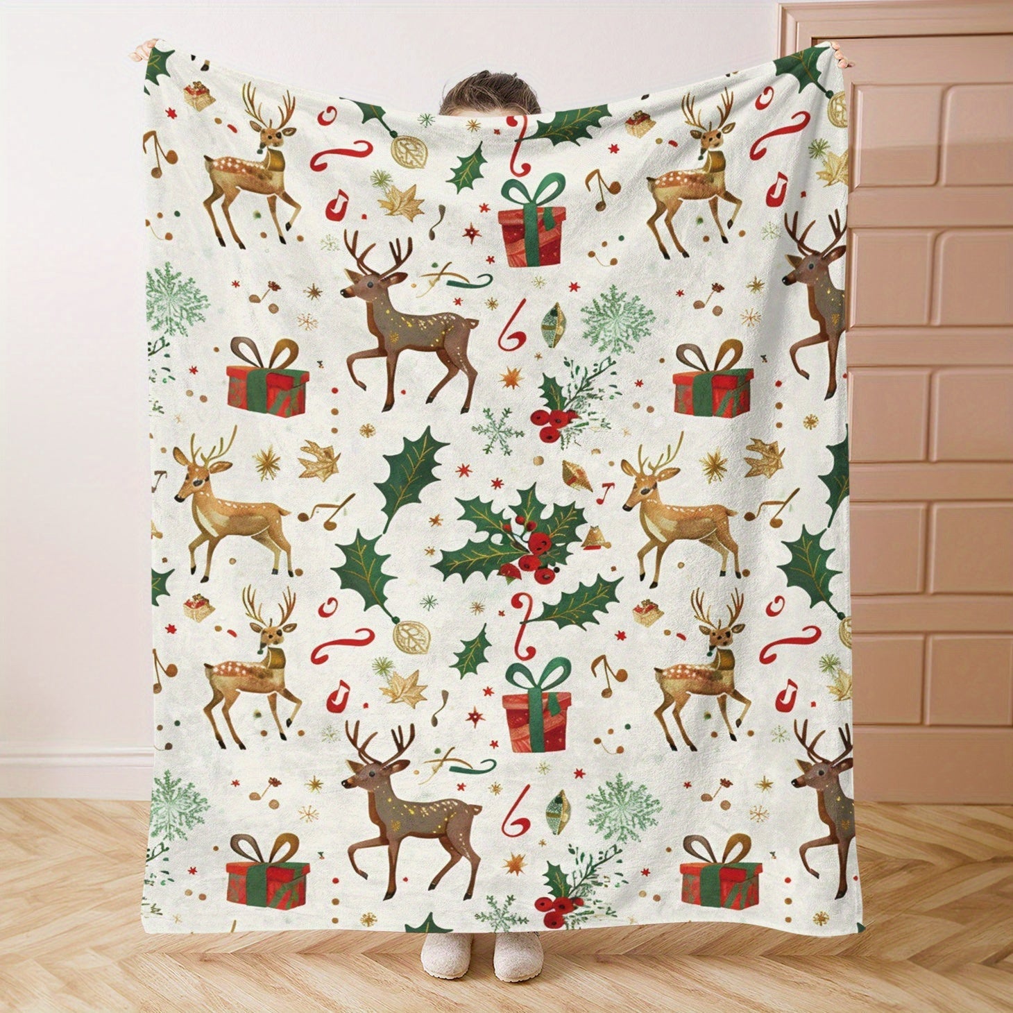 Reindeer Flannel Throw Blanket All-Season Soft Lightweight for Bed Sofa Travel
