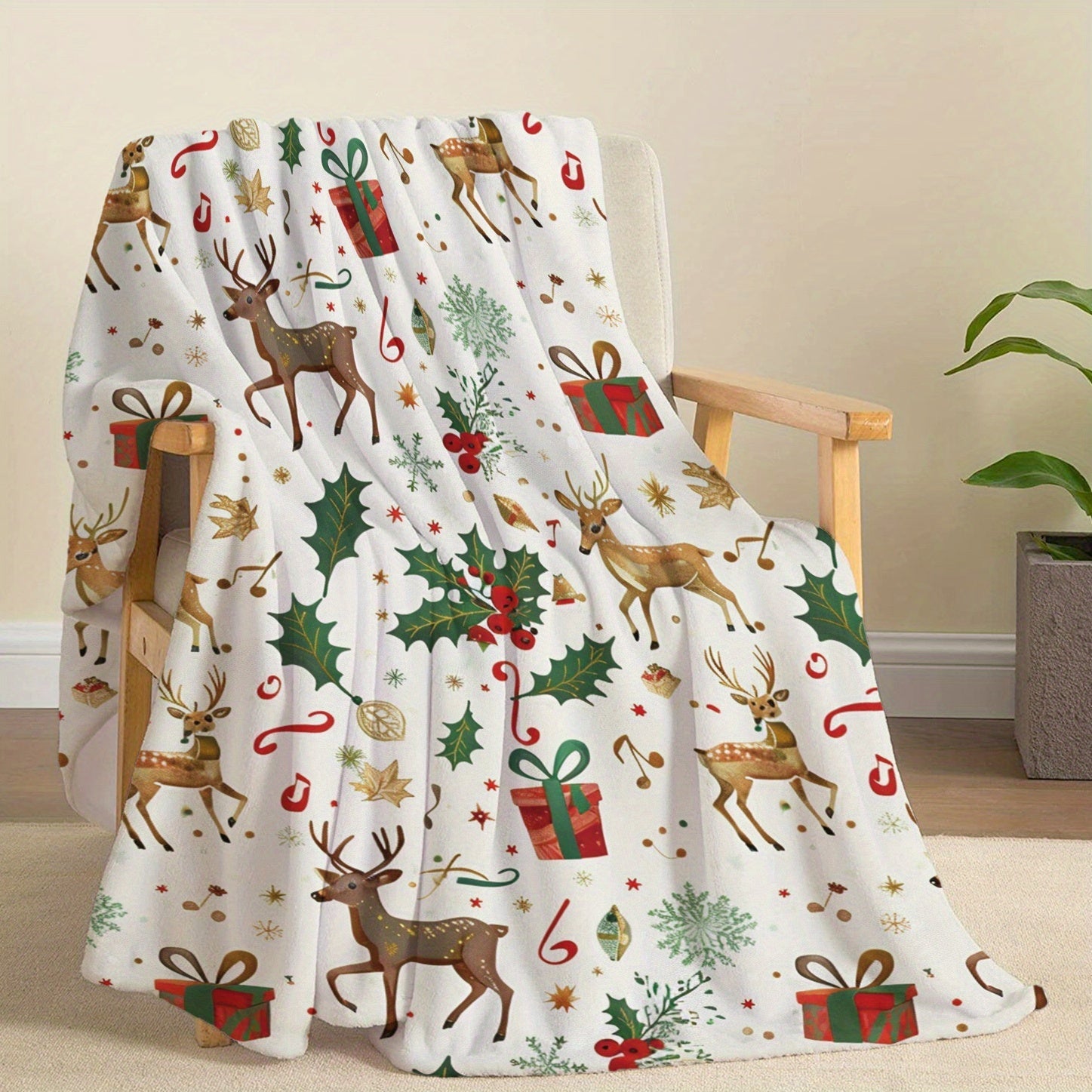 Reindeer Flannel Throw Blanket All-Season Soft Lightweight for Bed Sofa Travel