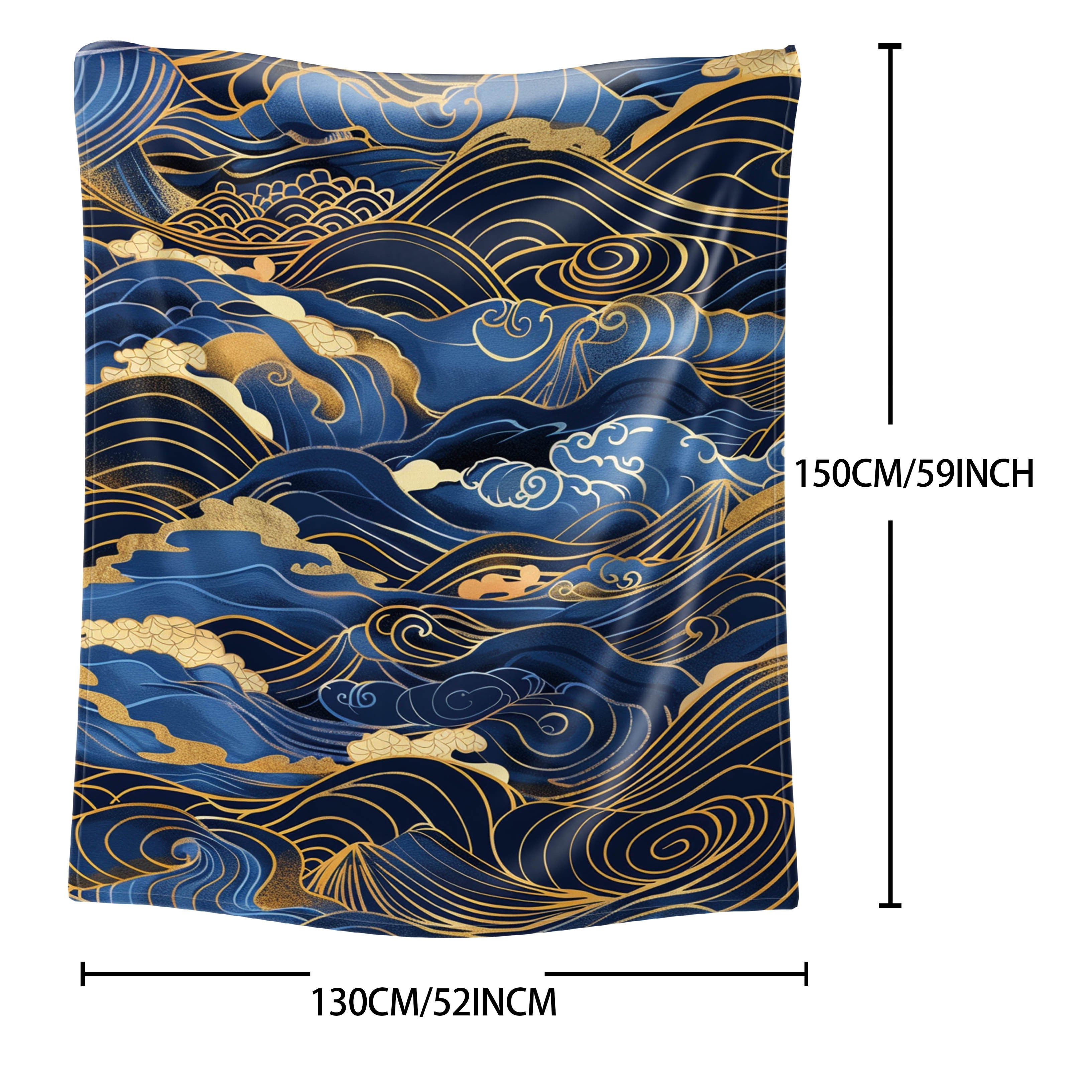 Contemporary Flannel Fleece Throw Blanket with Japanese Wave Design Soft Lightweight Polyester