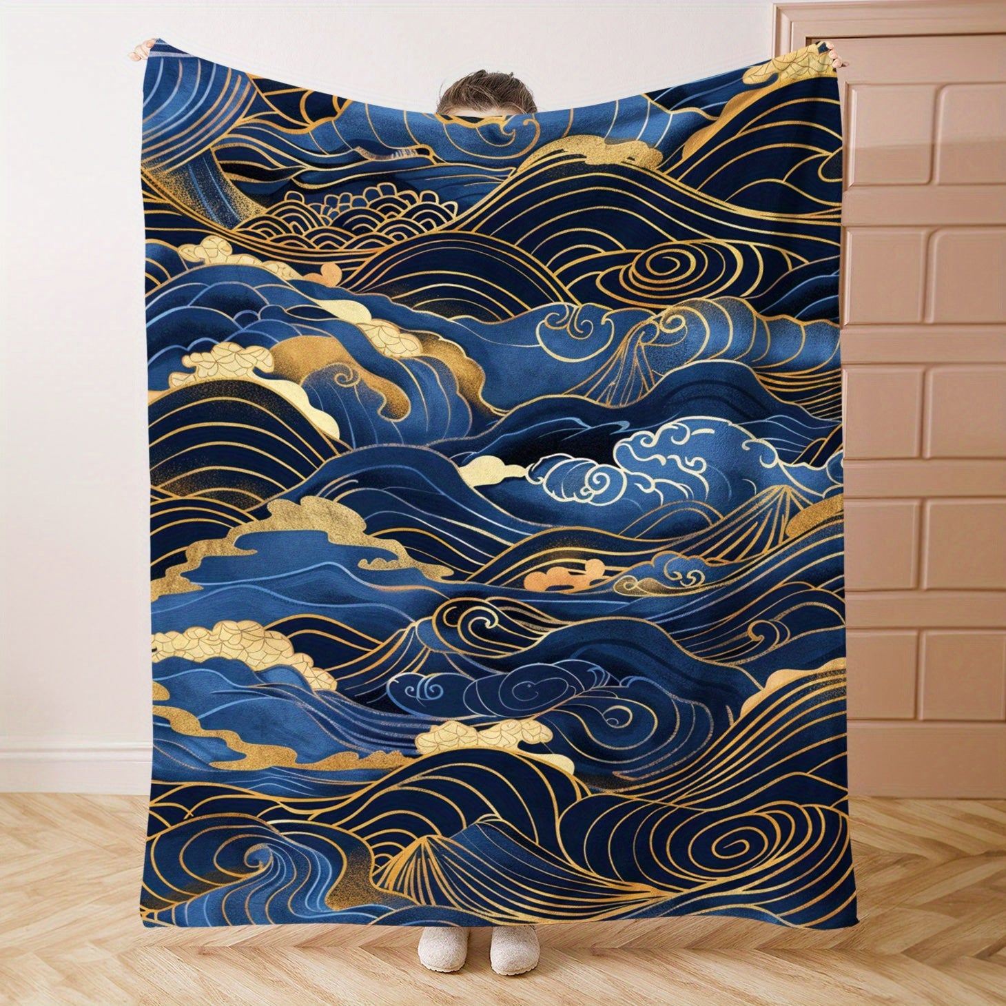 Contemporary Flannel Fleece Throw Blanket with Japanese Wave Design Soft Lightweight Polyester