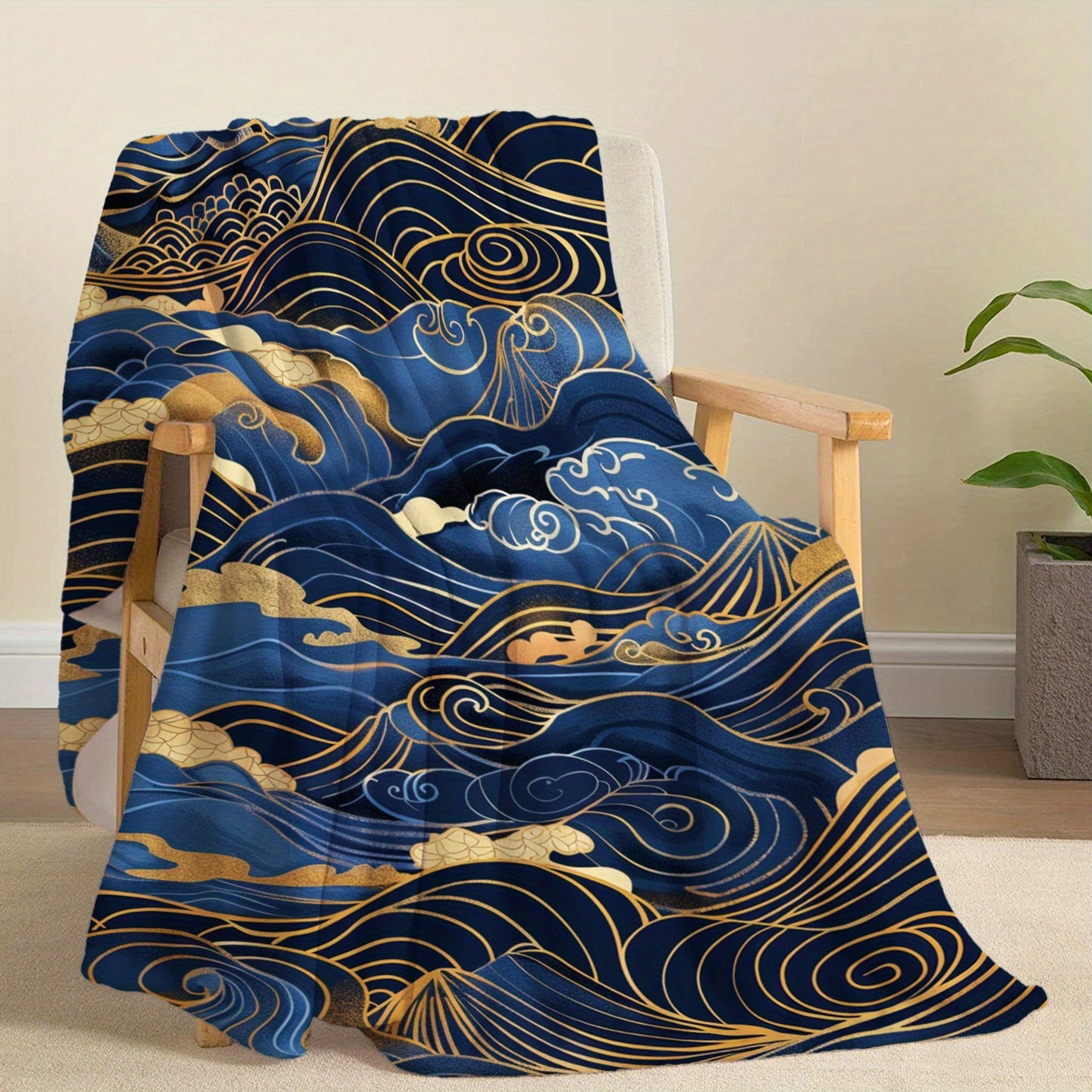 Contemporary Flannel Fleece Throw Blanket with Japanese Wave Design Soft Lightweight Polyester