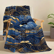 Contemporary Flannel Fleece Throw Blanket with Japanese Wave Design Soft Lightweight Polyester