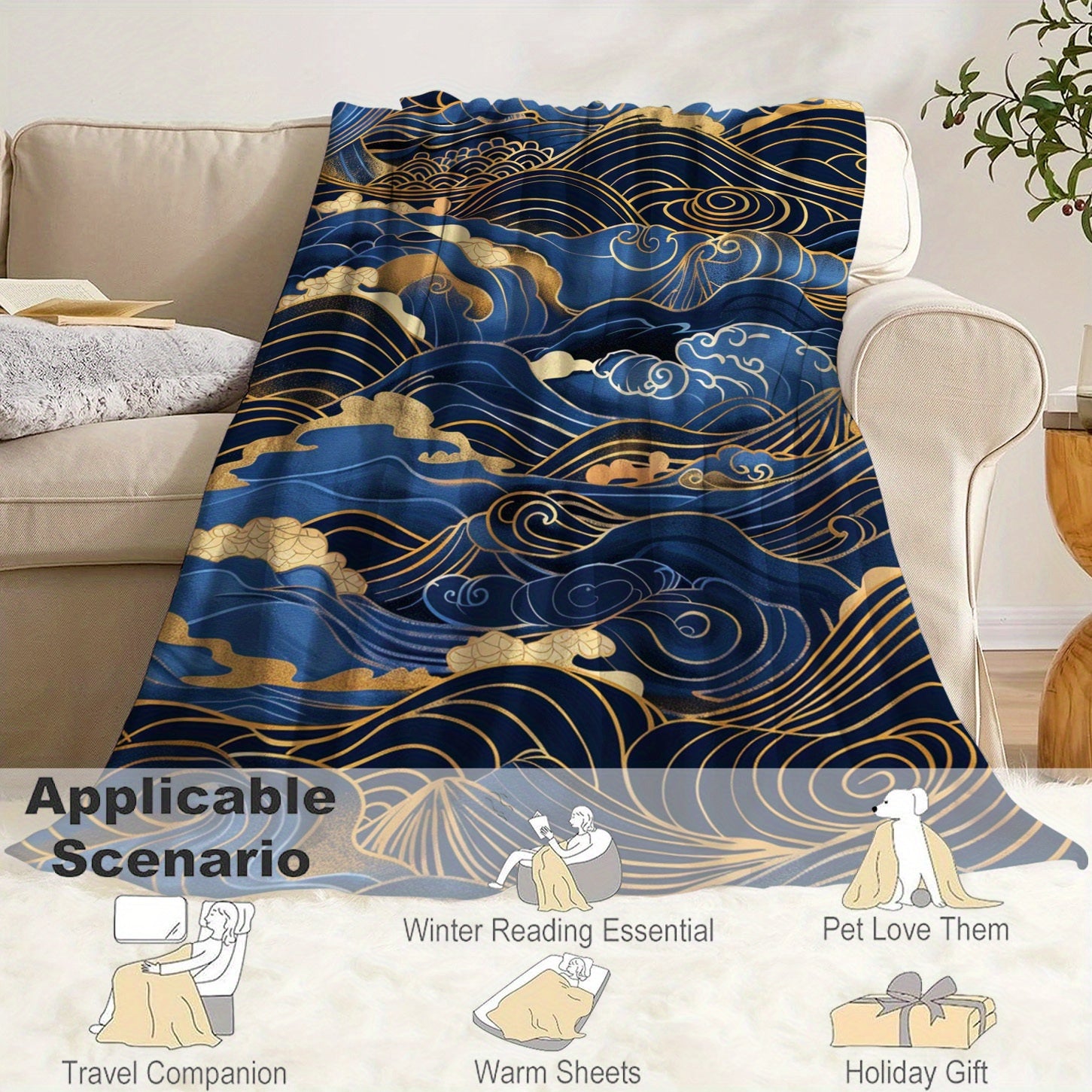 Contemporary Flannel Fleece Throw Blanket with Japanese Wave Design Soft Lightweight Polyester