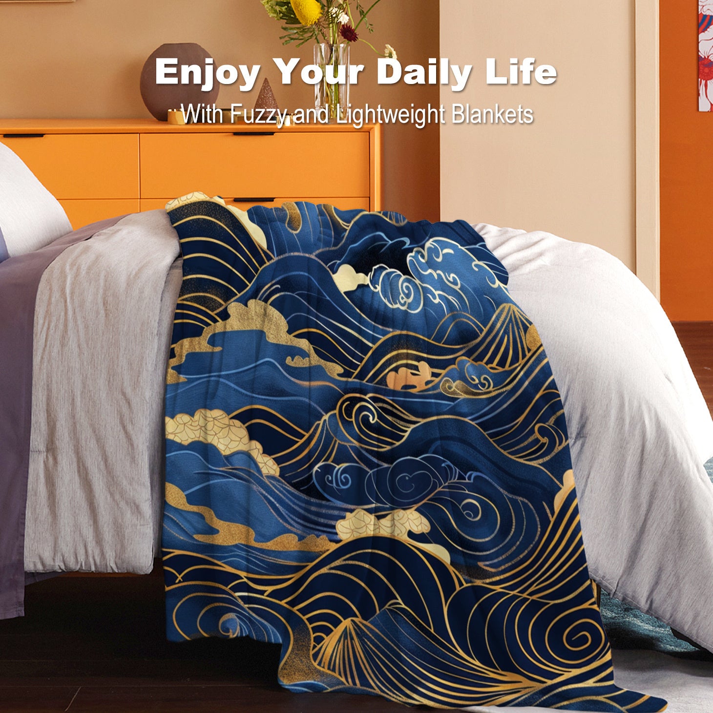 Contemporary Flannel Fleece Throw Blanket with Japanese Wave Design Soft Lightweight Polyester