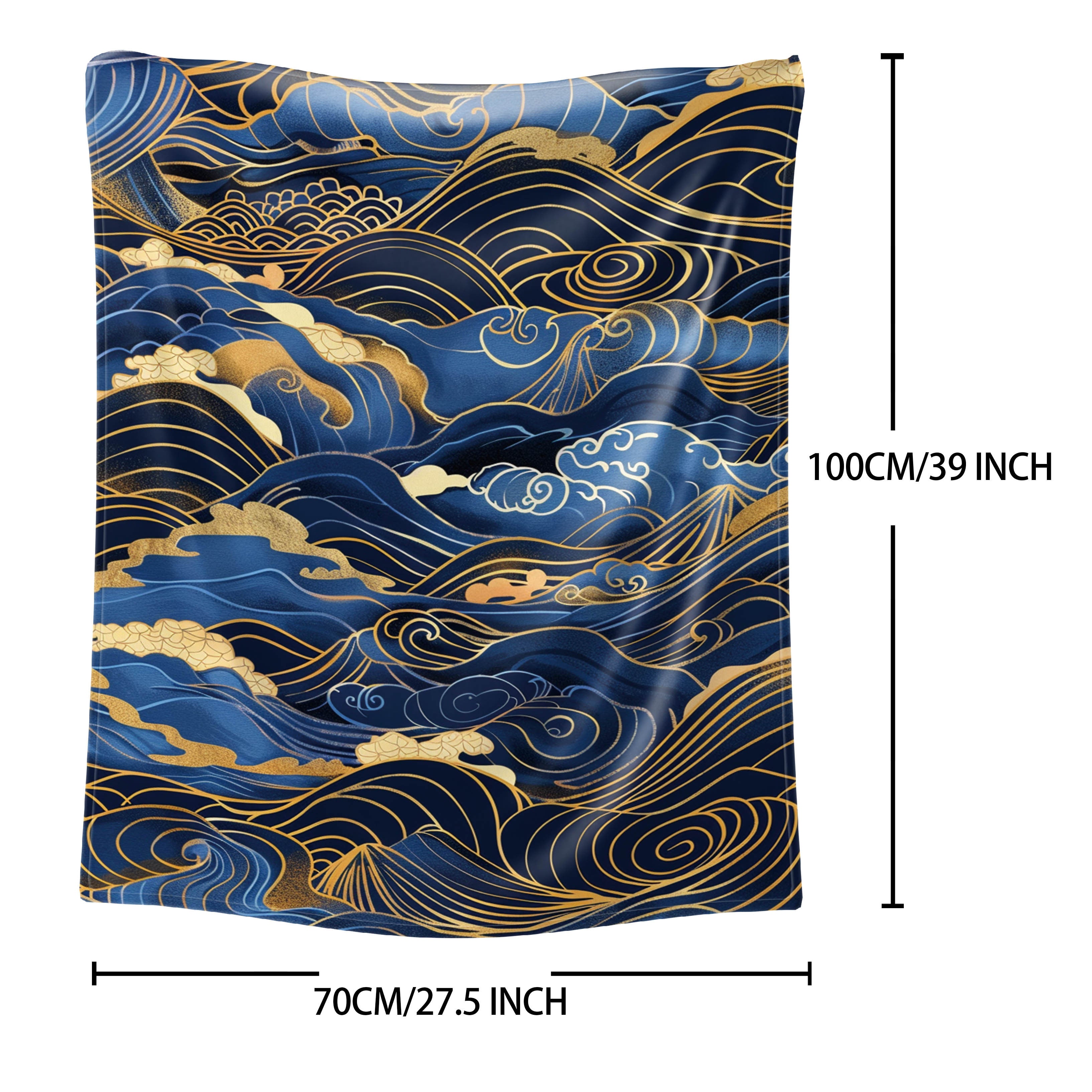 Contemporary Flannel Fleece Throw Blanket with Japanese Wave Design Soft Lightweight Polyester