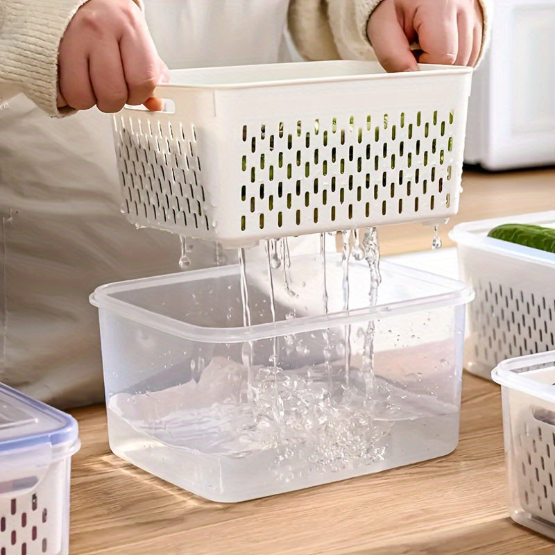 Plastic Kitchen Storage Organizer with Double Layer Draining Basket and Lid for Fruits Vegetables Meat