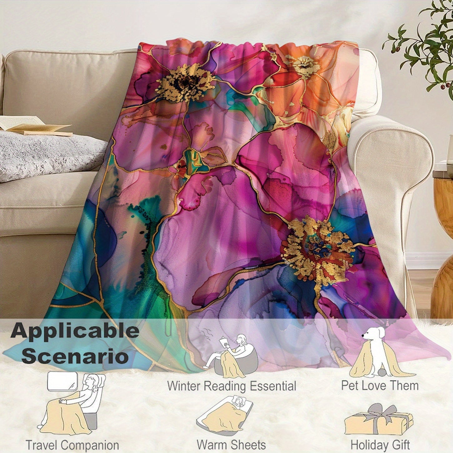 Floral Flannel Throw Blanket Soft Cozy Lightweight Warm for Bed Sofa Camping Travel
