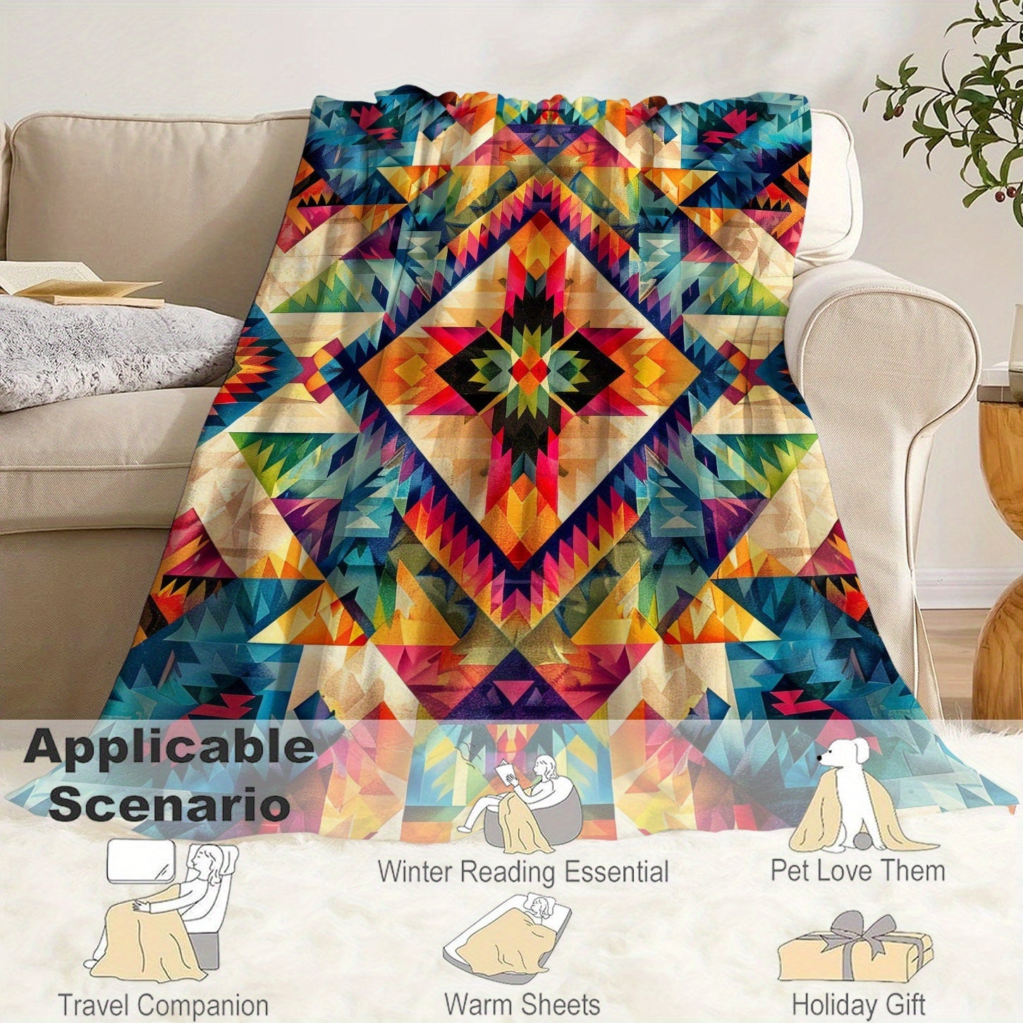 Lightweight Aztec-Inspired Digital Print Flannel Throw Blanket for All-Season Comfort