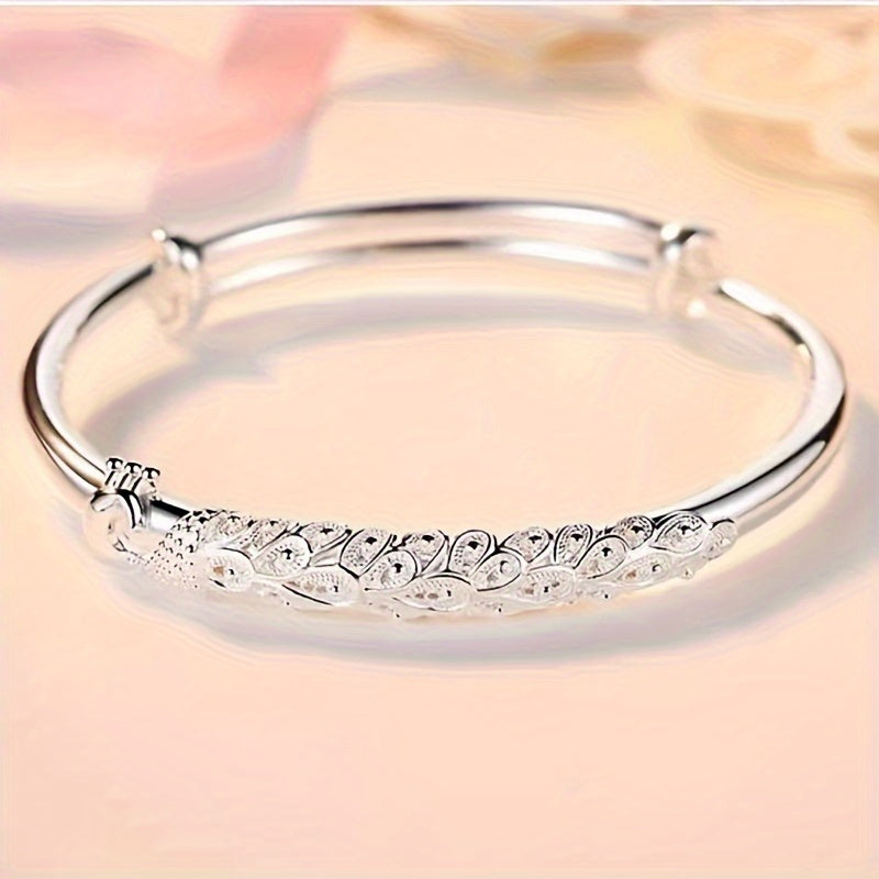 Sterling Silver Peacock Pattern Bangle with 3D Relief Design for Women