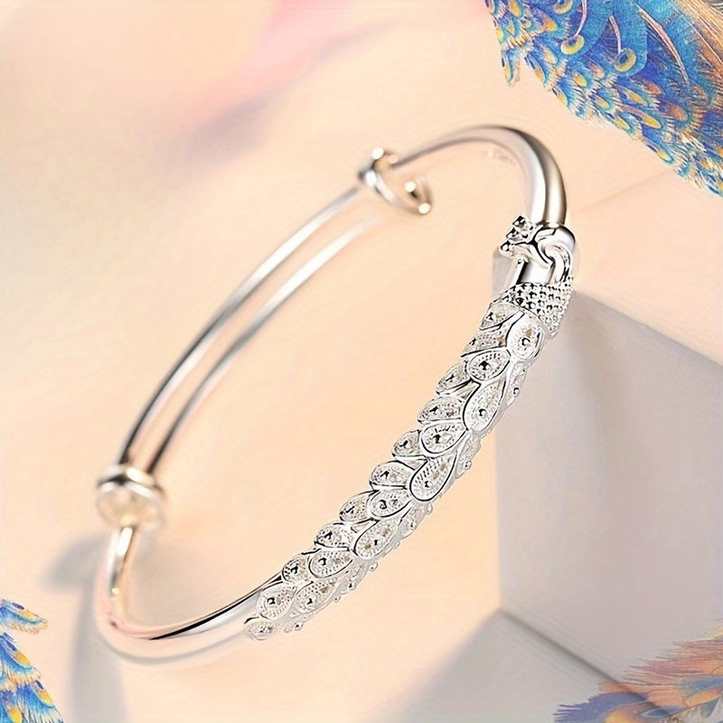 Sterling Silver Peacock Pattern Bangle with 3D Relief Design for Women