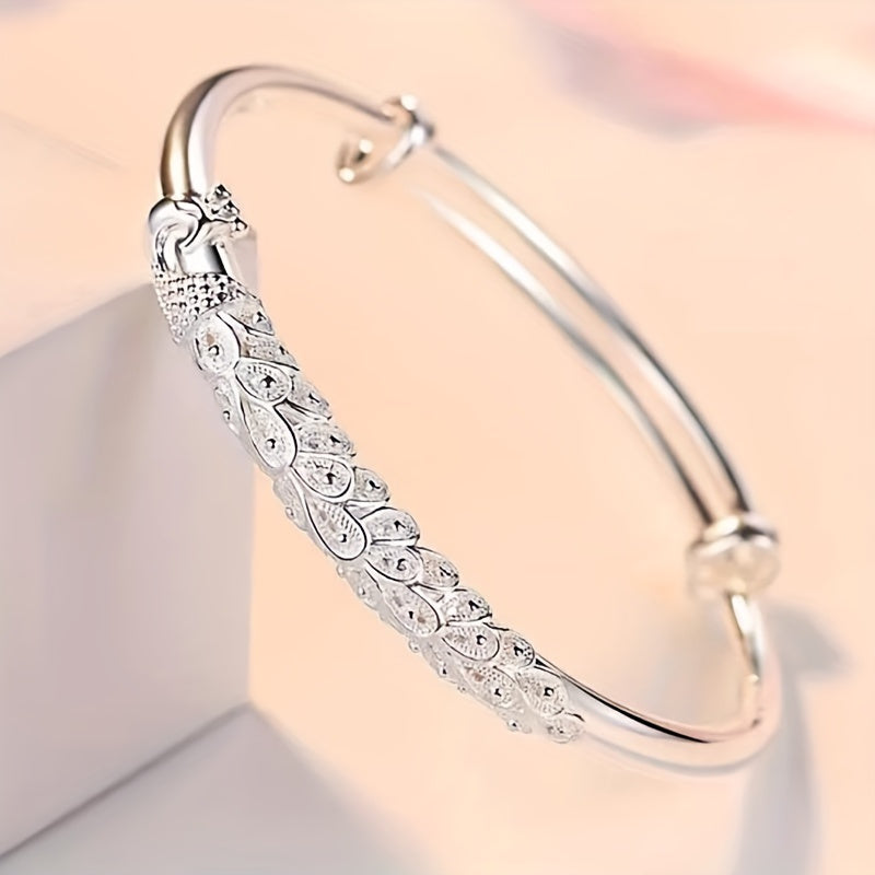 Sterling Silver Peacock Pattern Bangle with 3D Relief Design for Women