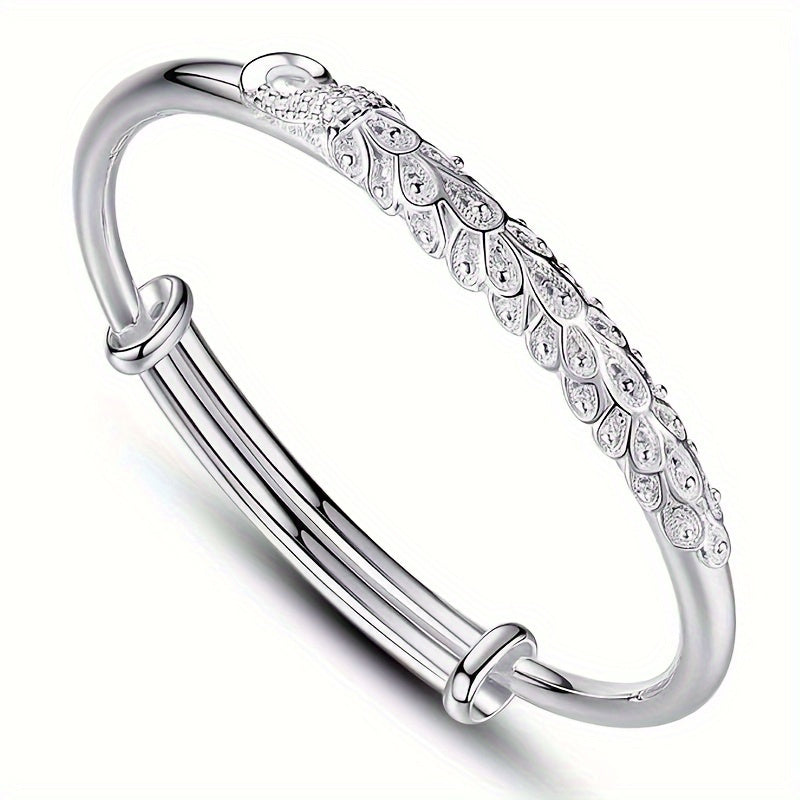 Sterling Silver Peacock Pattern Bangle with 3D Relief Design for Women