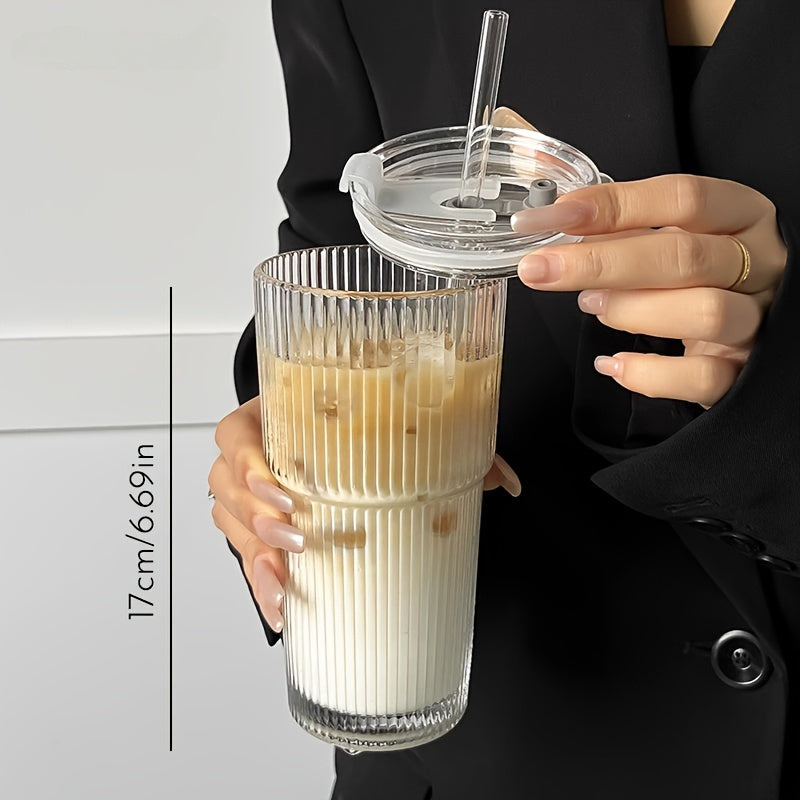 20.28oz Glass Coffee Mug with Lid and Straw for Hot Cold Beverages at Home Office Travel