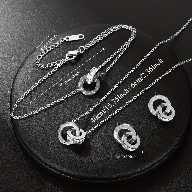Stainless Steel Roman Numeral Jewelry Set Necklace Bracelet Earrings for Women Men