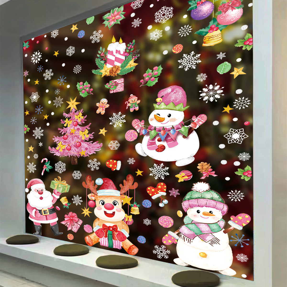 Holiday Window Sticker Set with Candy Canes Snowman Snowflakes Static Clings Garland Elk Santa Glass