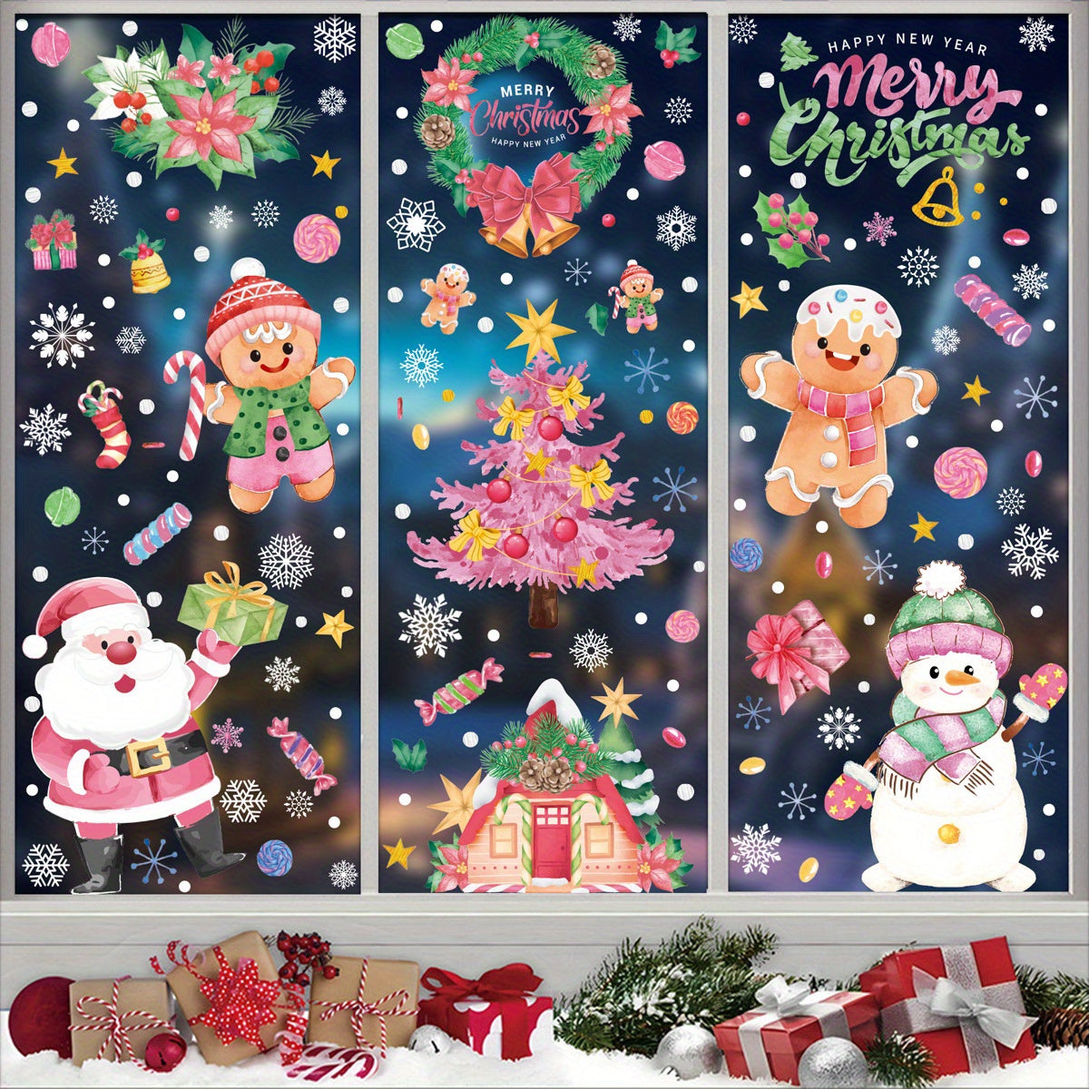 Holiday Window Sticker Set with Candy Canes Snowman Snowflakes Static Clings Garland Elk Santa Glass