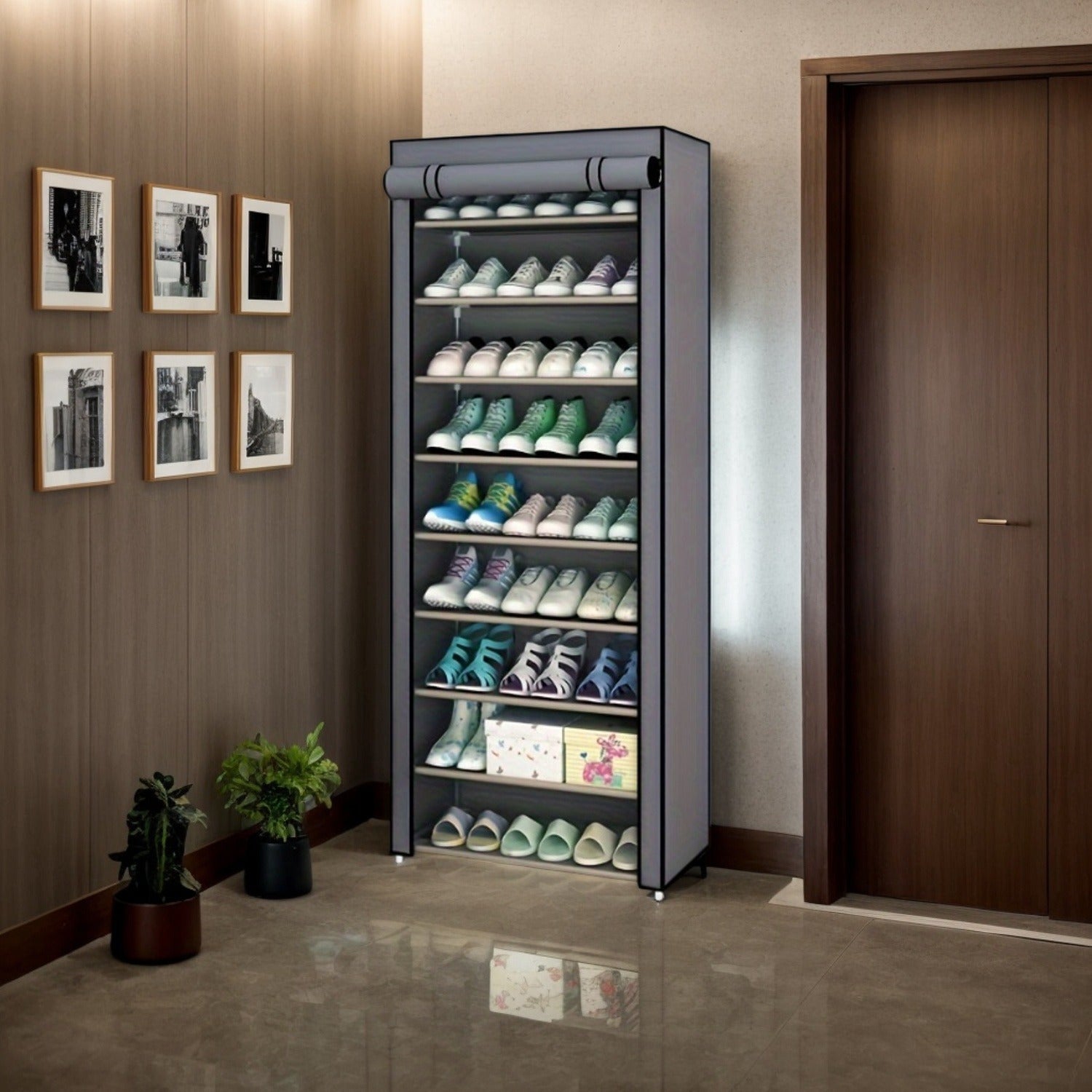 10-qavatli poyabzal javoni, changyog'uvchi qopqog' bilan, kirish yoki yotoqxona uchun joyni tejovchi saqlash