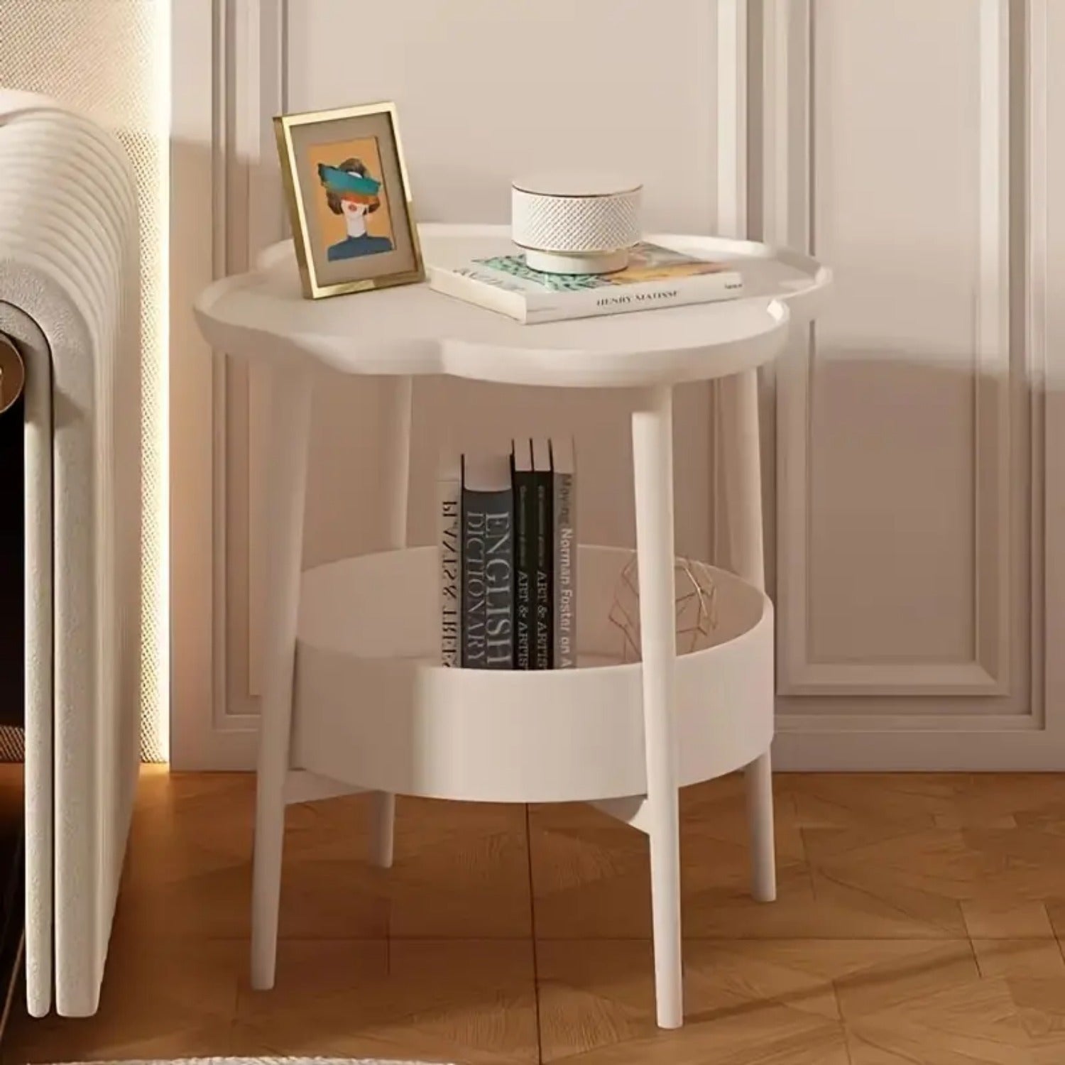 Mesita lateral moderna de plástico con almacenamiento, mesa de café portátil con base de patas para sala de estar y dormitorio