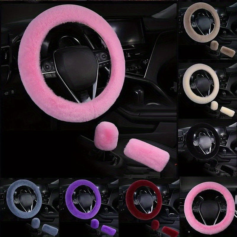 Universal Faux Fur Steering Wheel Cover Set with Hand Brake and Gear Protectors 3 Pcs