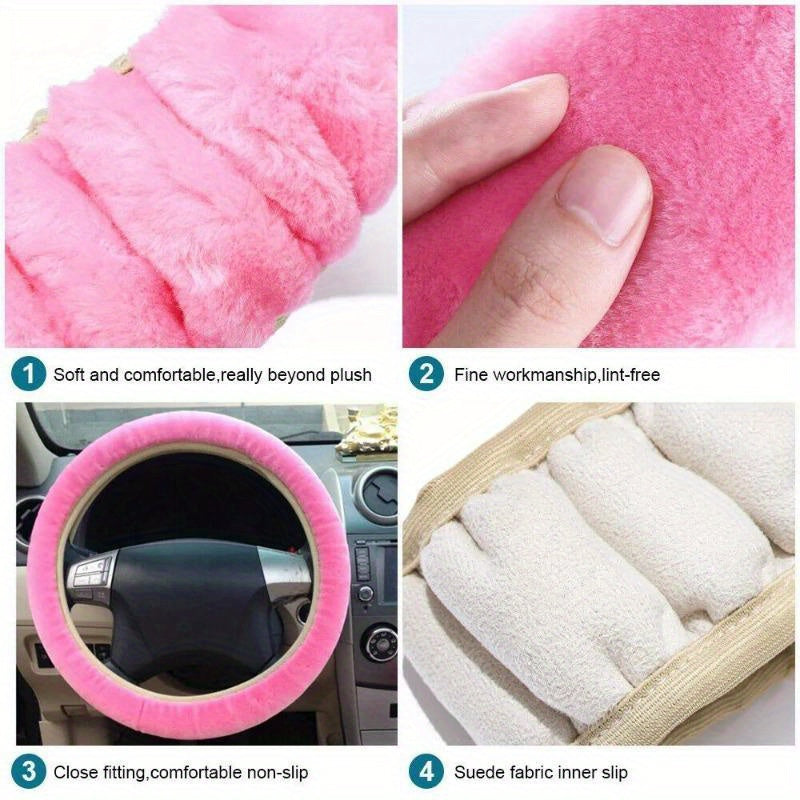 Universal Faux Fur Steering Wheel Cover Set with Hand Brake and Gear Protectors 3 Pcs