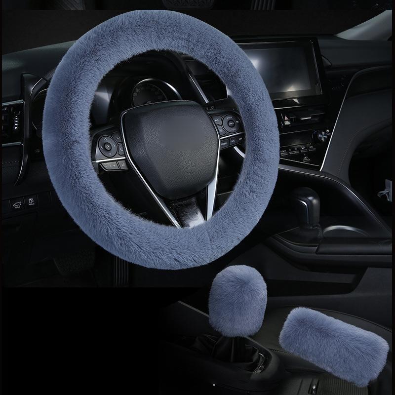 Universal Faux Fur Steering Wheel Cover Set with Hand Brake and Gear Protectors 3 Pcs